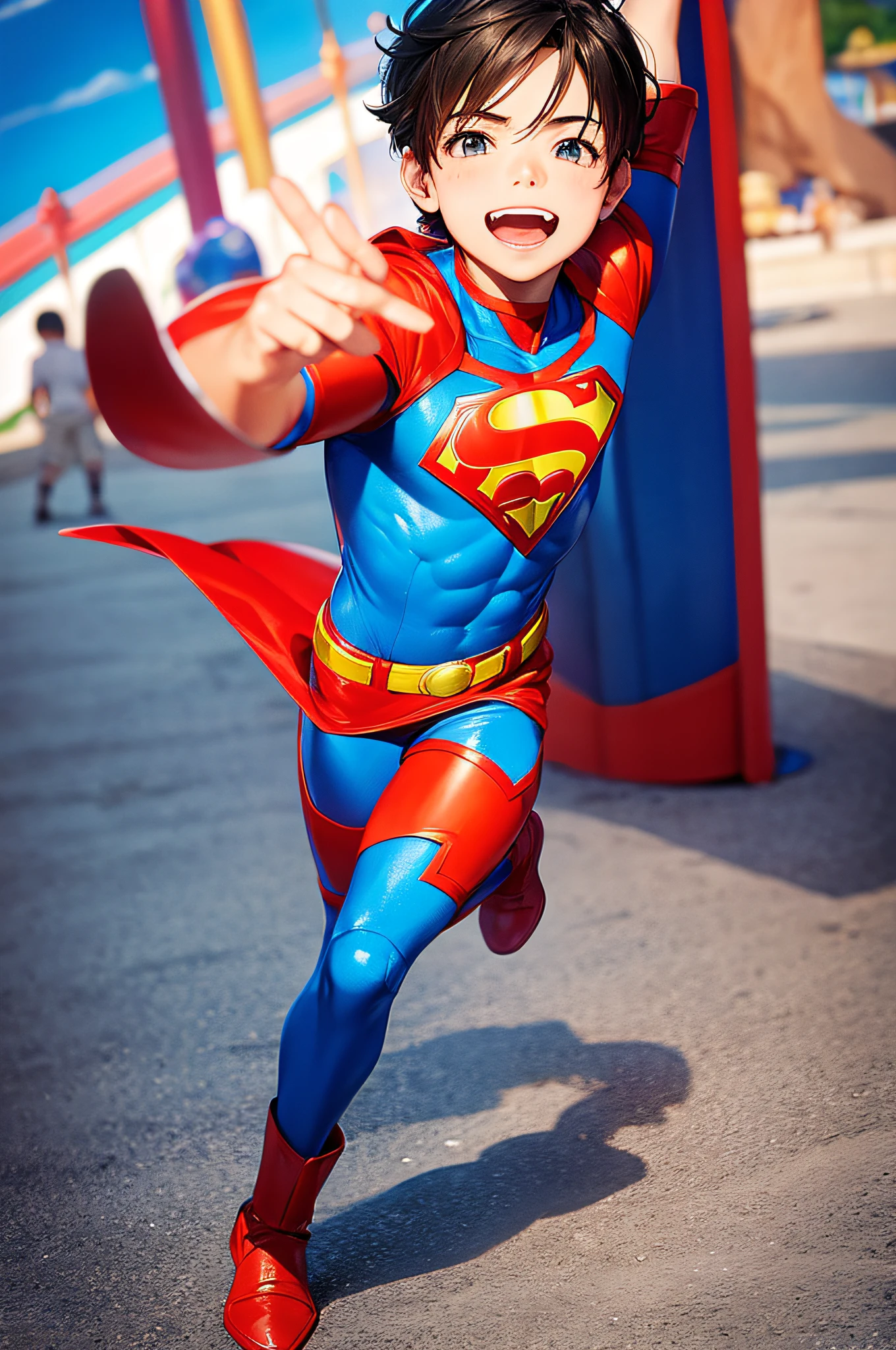 super man, 7 version with classic armor, playing in an amusement park, realistic playground scene
