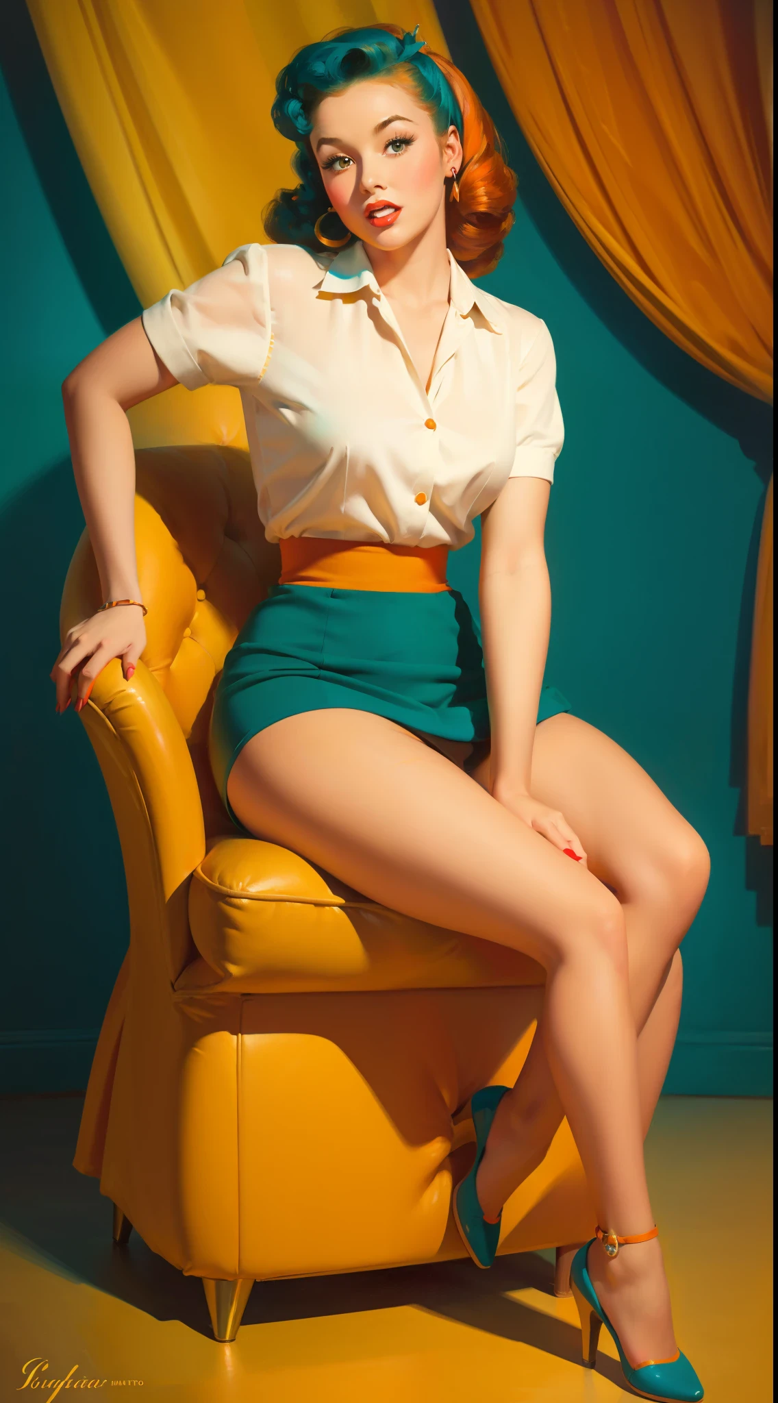 ((masterpiece)),(((Highest quality))),Thin thighs,Long legs,whole body:1.5，(one person&#39;s:1.3),(Black pantyhose and thick pointy heels：1.3),(Wearing a floral miniskirt dress:1.2),Curly Hair Short Blonde:1.2、Model pose，
