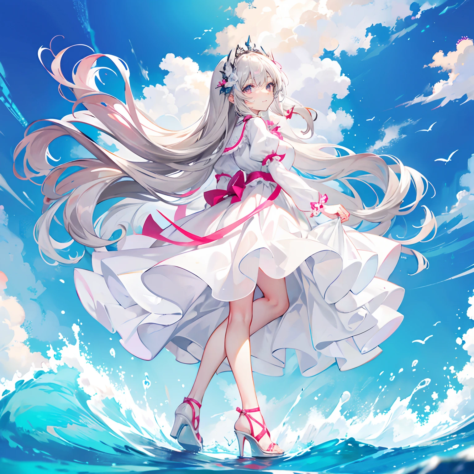 Silver-gray hair，Pink-brown eyes，long whitr hair，curlies，adolable，teens girl，White gorgeous beautiful dress，Wearing white high heels on his feet，Stand on the water with your feet，Full body photo from the side，All body，Fingers and arms are not exposed，background ocean，with blue sky and white clouds，Happy and happy expression