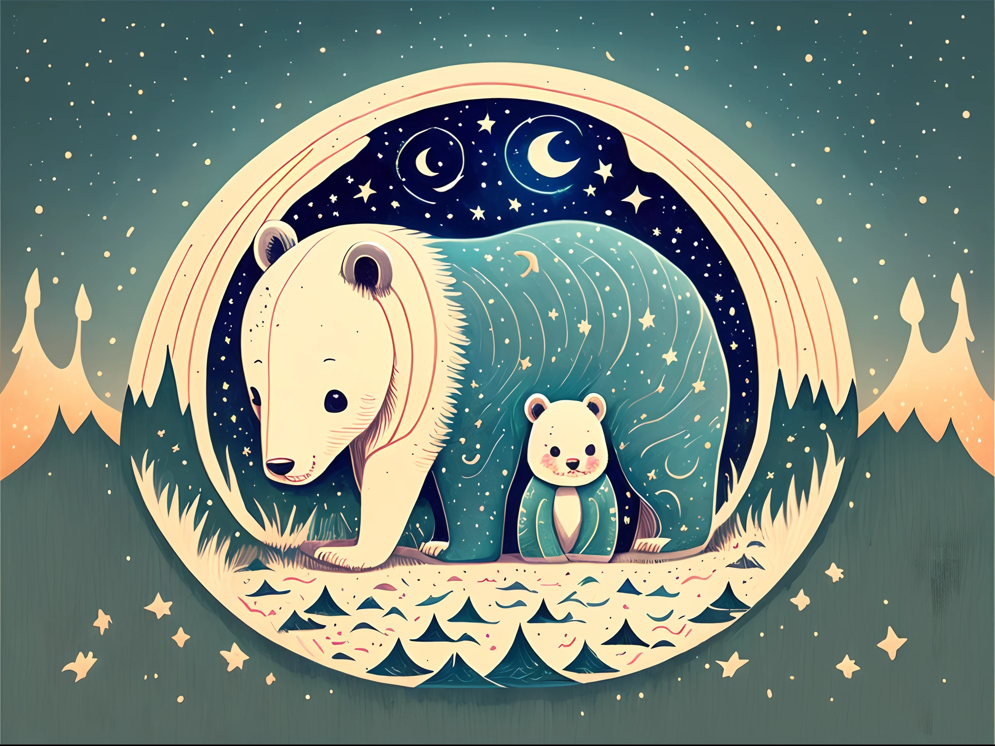 the night,Maiden and great white bear,KIDS ILLUSTRATION --auto