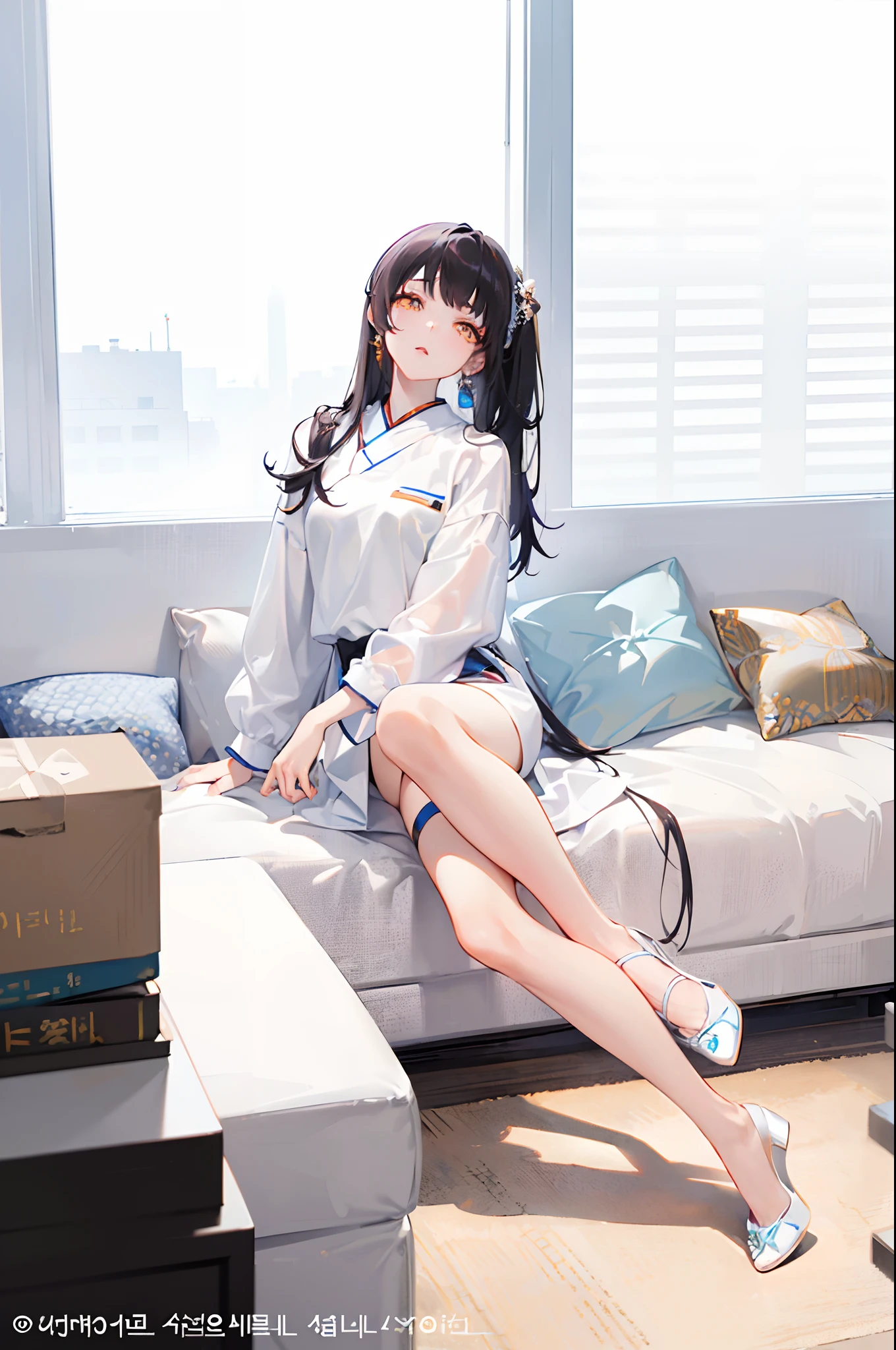 (masterpiece:1.5) (bestquality) highlydetailed ultra-detailed cute (1girl) (princess hair:1.2) (bangs) (black long hair:0.8) (high ponytail) (long ponytail braid:0.8) (long straight hair:0.8) (orange eyes) (amber eyes) (blue highlights) （Long hair）（Single horsetail）araffe sitting on a couch in a living room with a window, gorgeous young korean woman, beautiful south korean woman, korean women's fashion model, beautiful young korean woman, korean woman, elegant legs, korean girl, smooth white tight clothes suit, sakimichan, handsome girl, elegant seducing pose, heonhwa choe, gorgeous lady