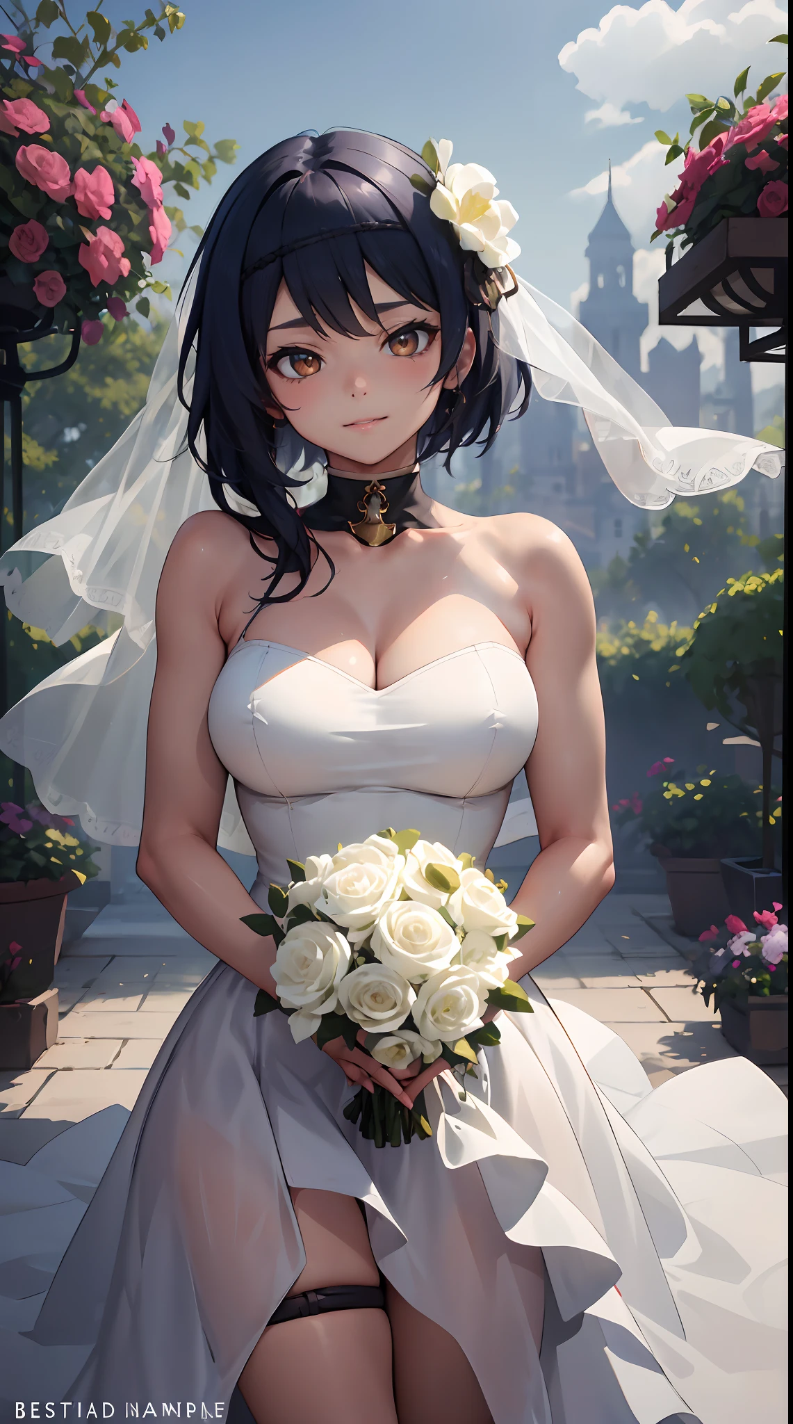 Kujou Sara | genshin impact, master-piece, bestquality, 1girls,25 years old, proportional body, proportional., Wedding Dresses, White Wedding Dress, Long skirt, wedding, ,bara, Standing in the middle of a flower garden, outdoor, wedding, The sky is beautiful, Both hands hold a bouquet of flowers................................................., View viewers from the front., Thigh strap, Head tilt, bored, 10, 10, HD, slight smile,