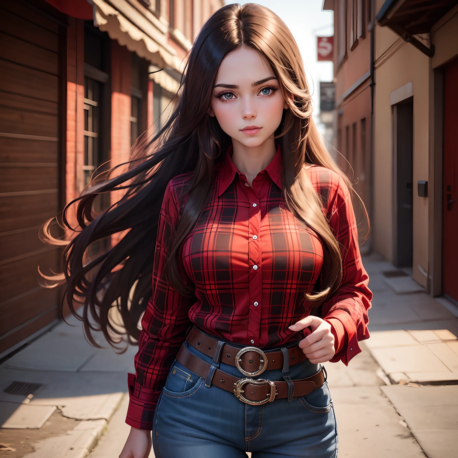 Long hair brunette blue eyed cowgirl in red and black plaid shirt with western background