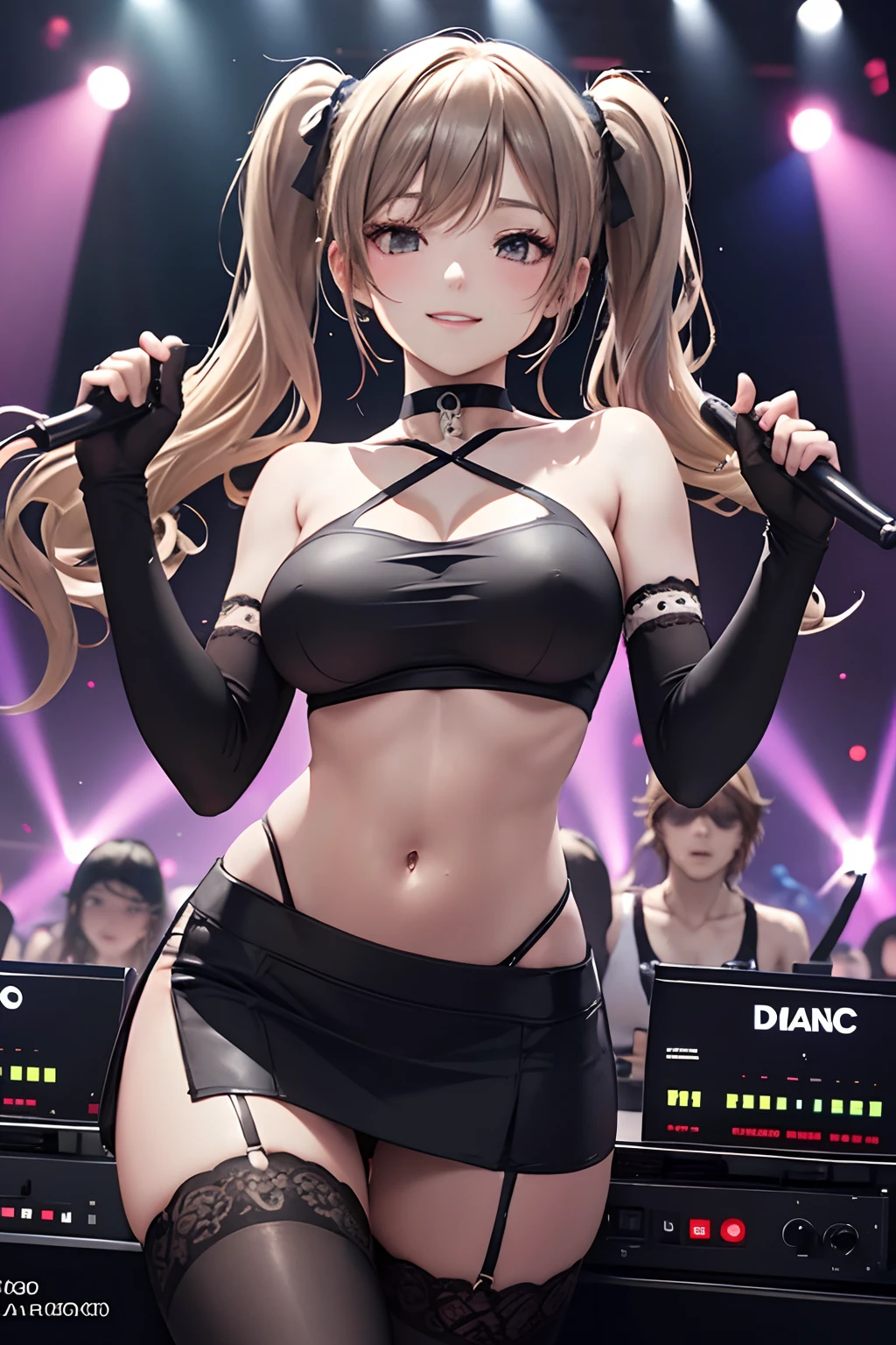 best quality, a beautiful woman, medium breasts, athletic body, slim body, nice breasts, (tube top, underboobs:1.2), (miniskirt, arm gloves, choker, thighhighs), wavy hair, twintails, smile, parted lips, (raving at the grand techno club with elaborate details, dj podium and crowd in the background), evening, intricate details, soft tones, clean lines, perfect illustration, natural lighting, 8k