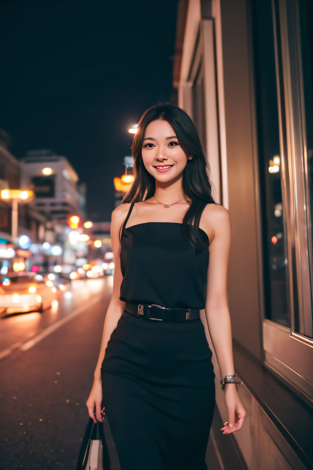A woman in a black dress standing on a city street - SeaArt AI