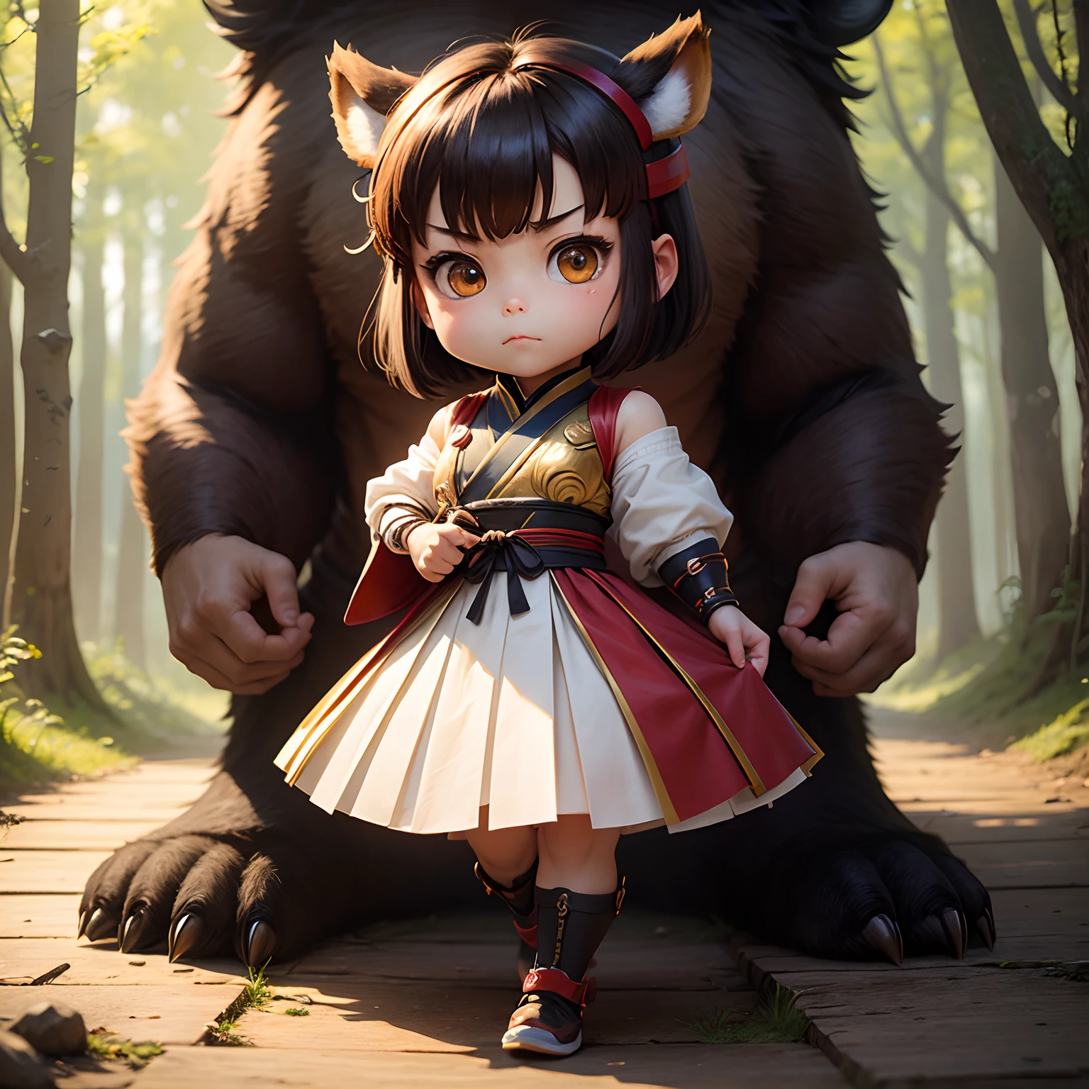 masterpiece、top-quality、ultra-detailliert、(Chibi Chara Kintaro:1.2)、Solo male、Black Hair Bob、Red and gold stye、walking、Black bear、Fairytale Forest