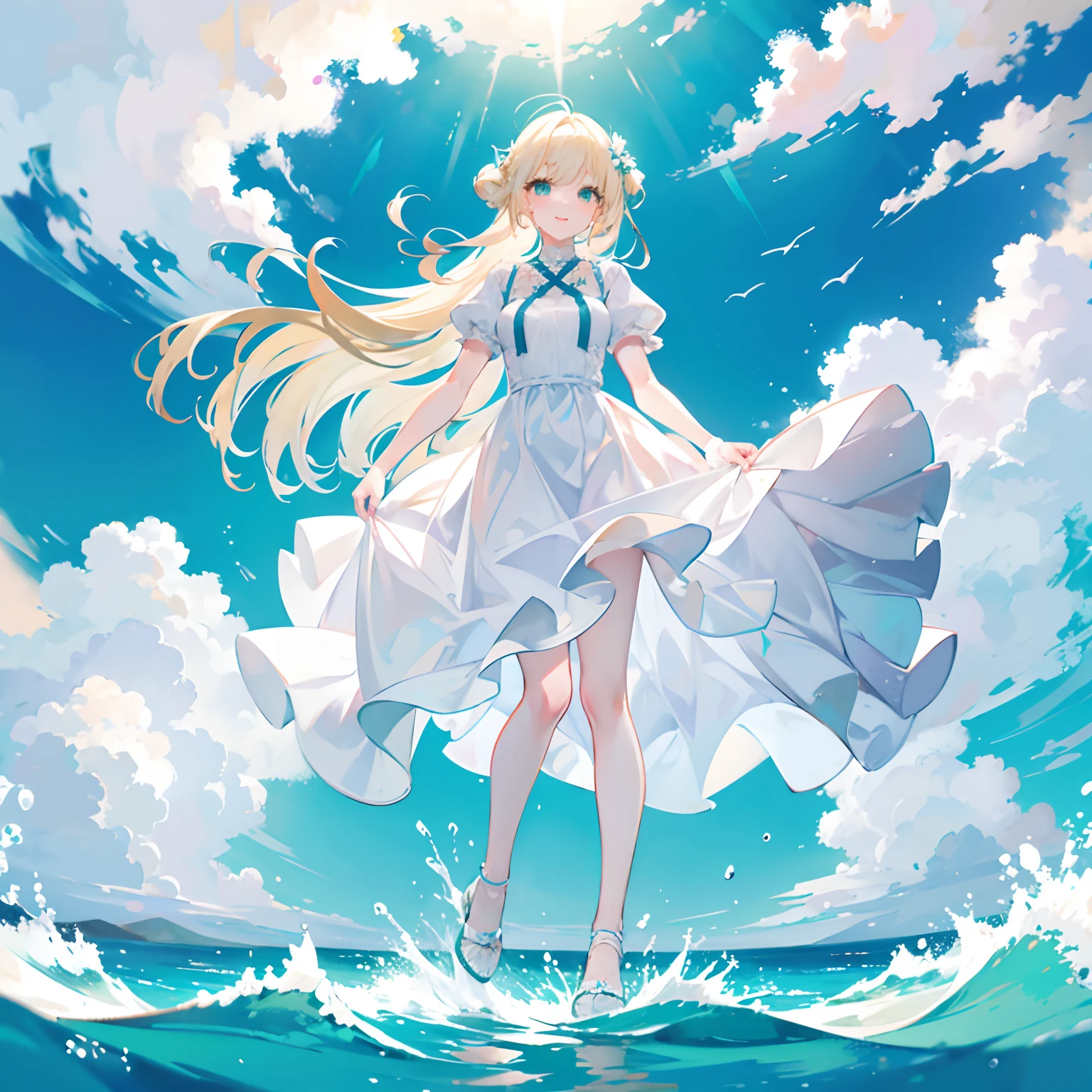 Blonde hair，Green eyes，long whitr hair，Princess cut hairstyle，A ball head，adolable，teens girl，White gorgeous beautiful dress，Wearing white high heels on his feet，Stand on the water with your feet，Full body photo from the side，All body，Fingers and arms are not exposed，background ocean，with blue sky and white clouds，Happy and happy expression