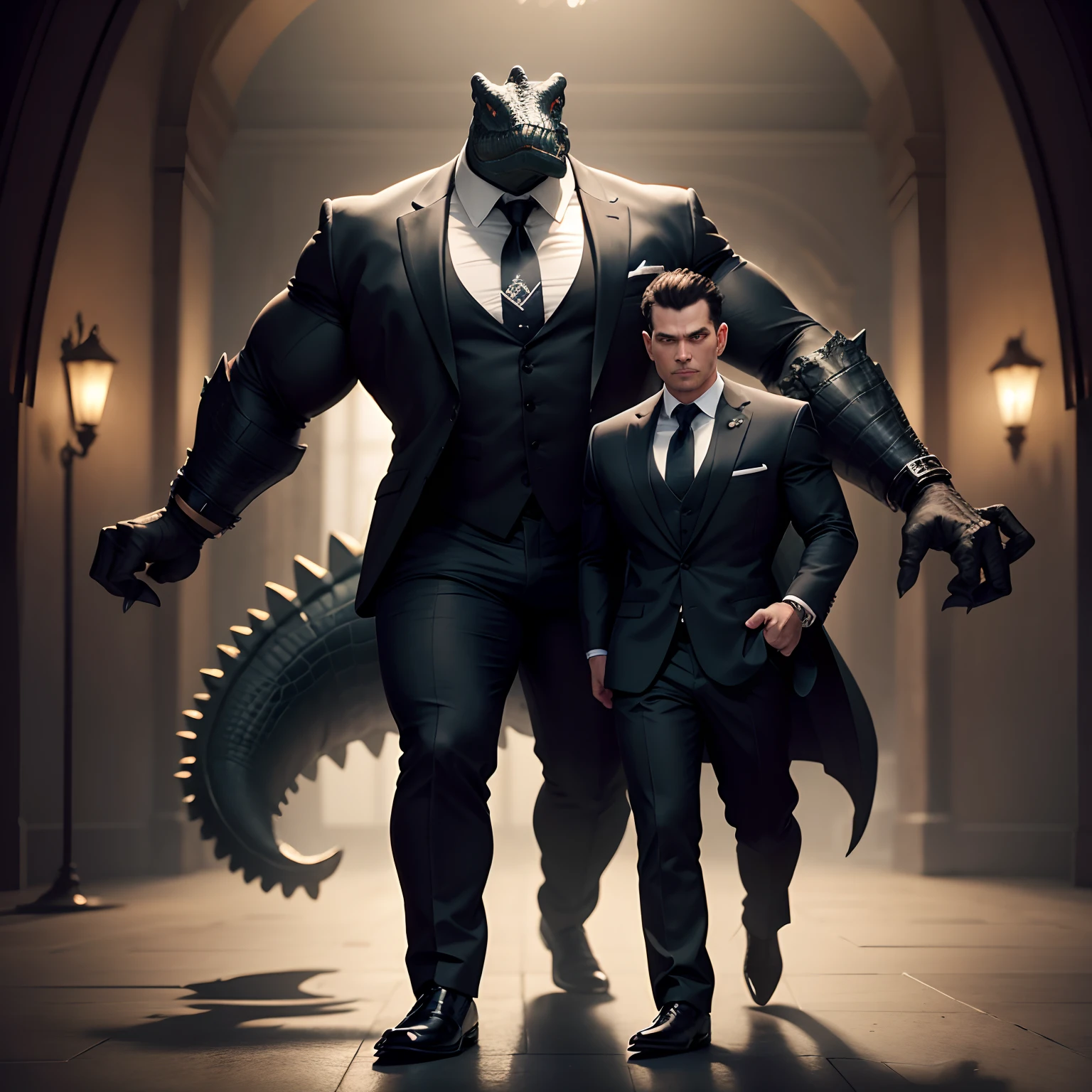 Humanoid  crocodile muscled ,  with a crocodile's head black with  a tail with 2 huge arms ,  in suit with a tie , full body