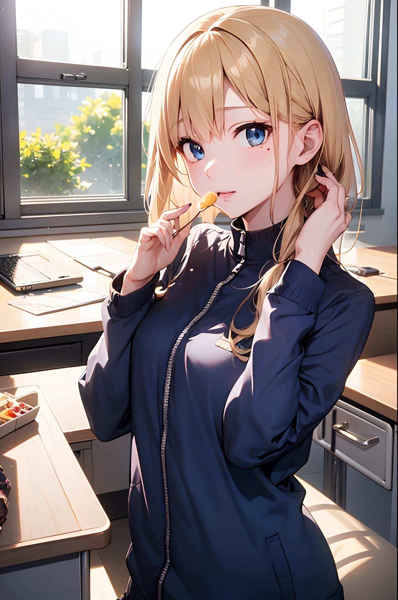 （Girl with a nasty appearance:1.3）、(Daytime:1.5)、(and chest:1.4)、Raw photography, top-quality, hight resolution, (​masterpiece), (Photorealsitic:1.4), (Mole under the eyes),Anime Cosplay, foco nítido, nffsw, 8K分辨率, intricate detailes, depth of fields, the Extremely Detailed CG Unity 8K Wallpapers, front lit, femele,25-years old、 Happy face,(tying  hair:1.5)、see -through、(Medium gold hair)、blue eyess,(Company Desk:1.5)、(jaket:1.3)、(Full body depiction)、(Eating sweets)