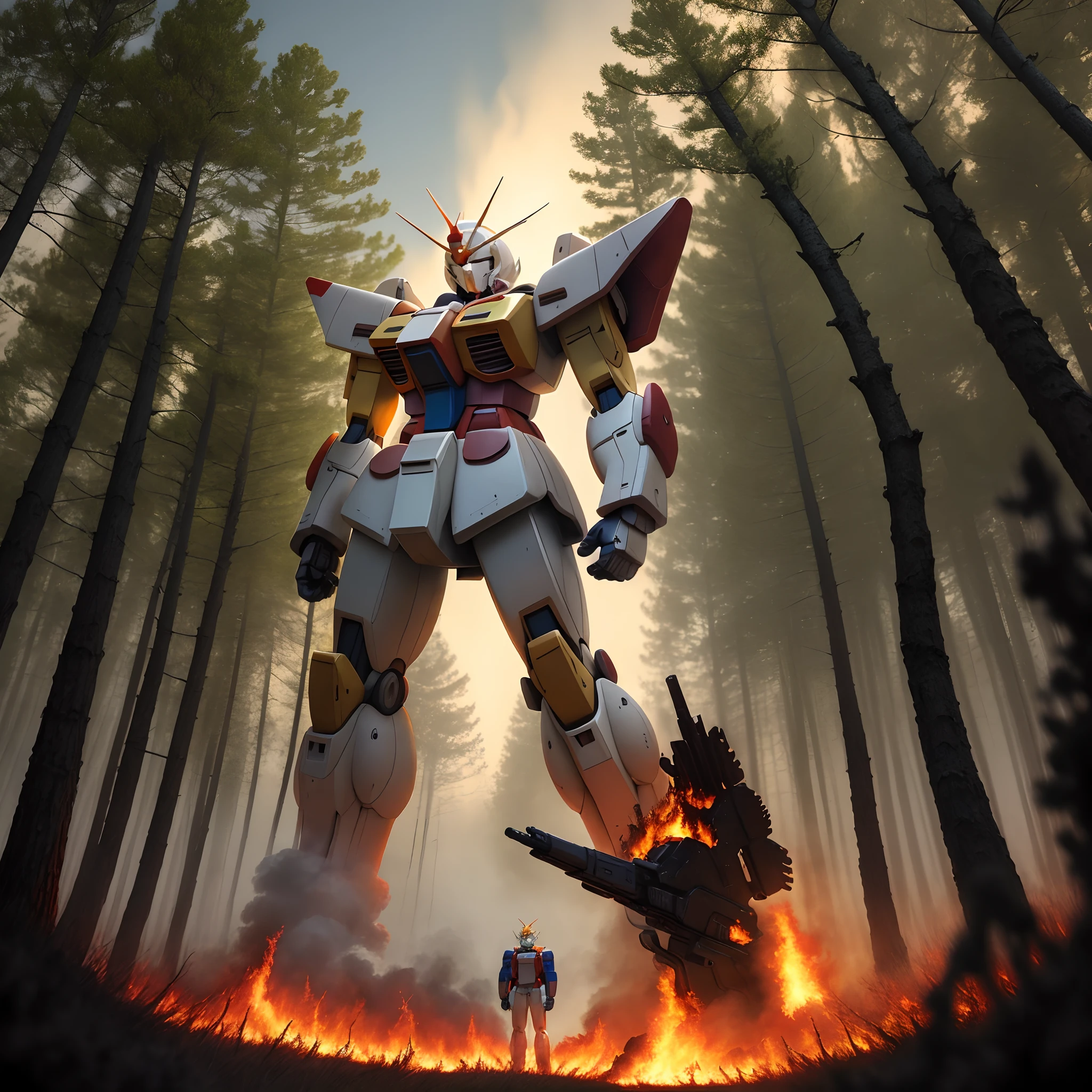 A Gundam standing in front of a burning forest