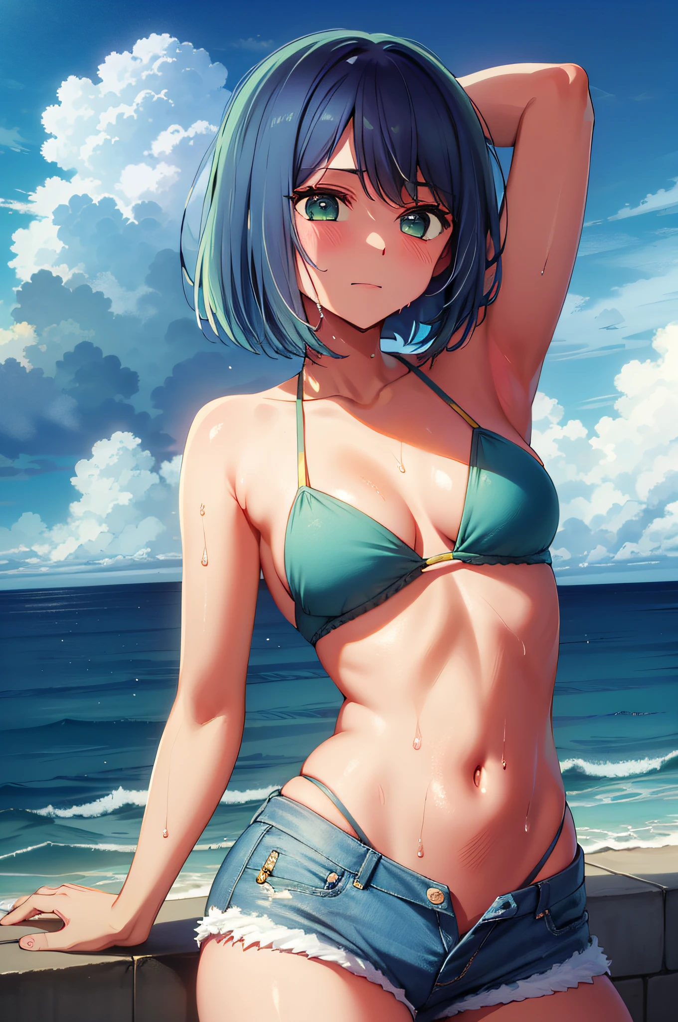 masutepiece, Best Quality, Ultra-high resolution, super detailed, High contrast, Beautiful lighting, depth of fields, Blue hair, Green eyes, (Bob Hair:1.5), Shorts Triangle Bikini, Short denim pants, medium breasts, Naked, Exposed skin, Wet skin, (Sea)