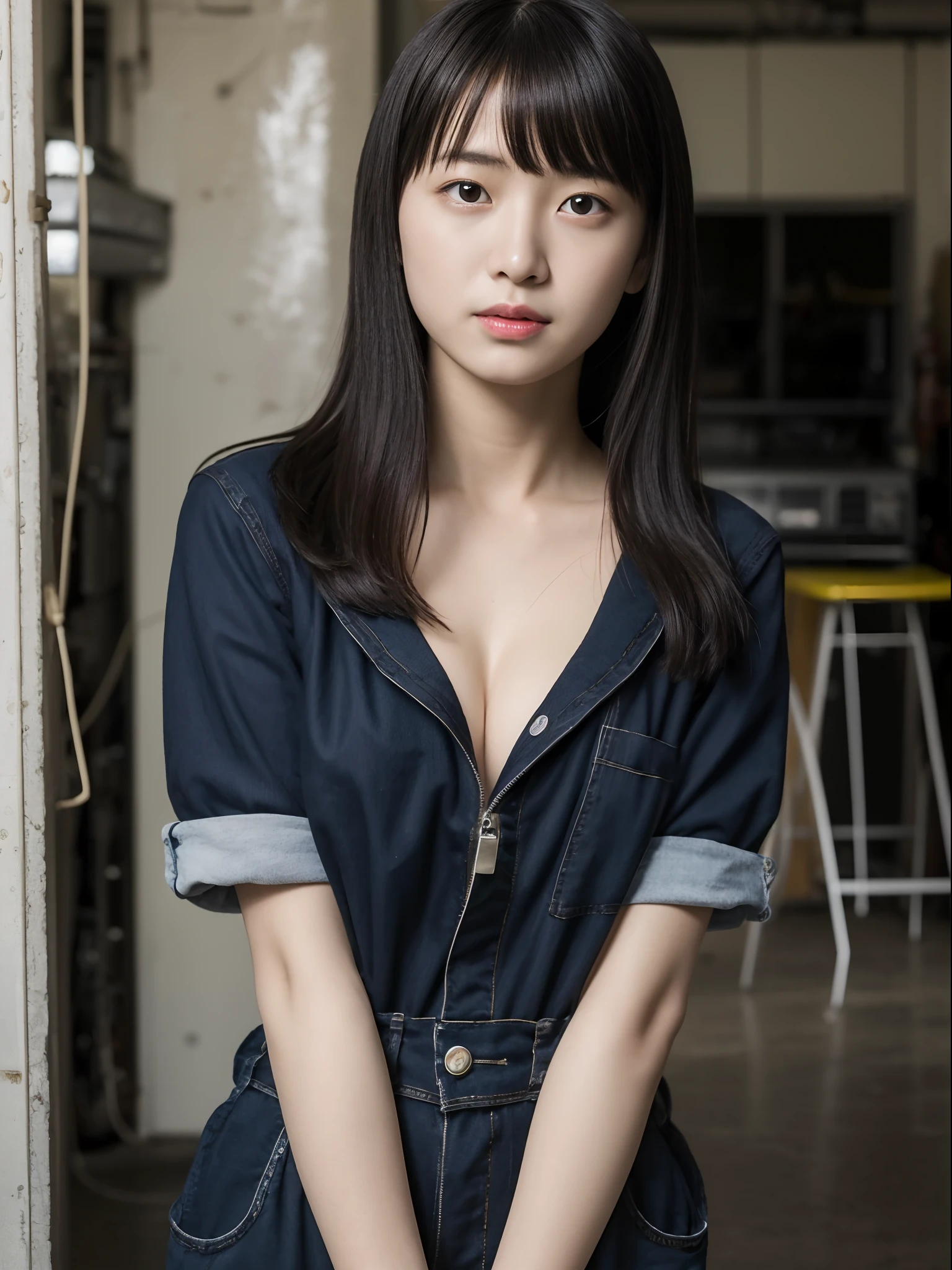 Best Quality,masutepiece,ultra high resolution,(photo realistic:1.4),32K,Ultra-detailed photography of 1 Japanese girl , (choibusu:0.3),17year old,black hair,brown eyes,large breasts,highly detailed,(she wears jumpsuit),breast out,(veris in breasts:0.1),documentary film photography,car-garage,old car behind her,emotional faces,half-smile,solo,