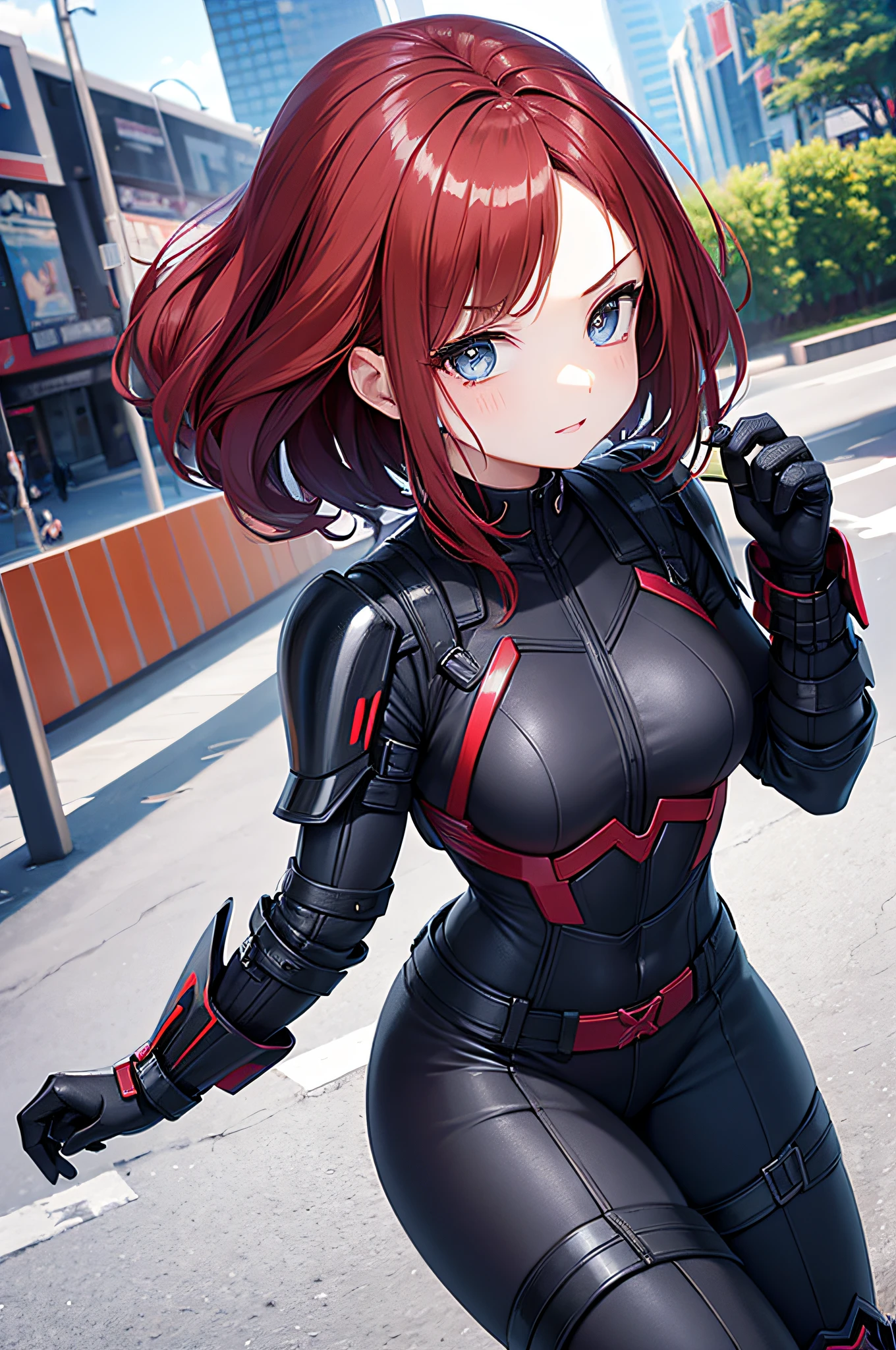 black widow, 8 year old child version with classic armor, in a busy big city style highway scene