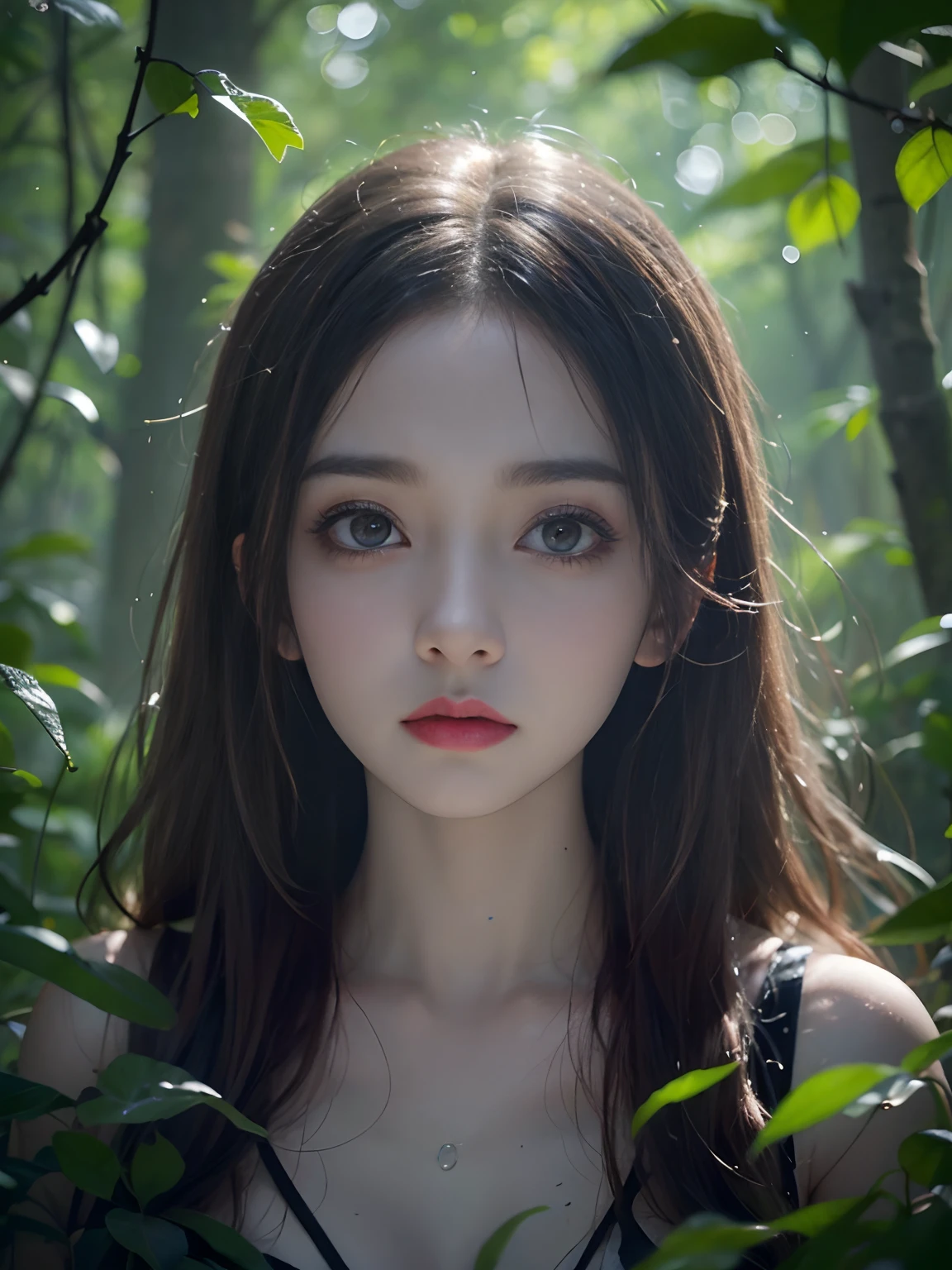 1girl, solo, official art, unity 8k wallpaper, ultra detailed, beautiful and aesthetic, masterpiece, best quality, photorealistic, in the wood, dark theme