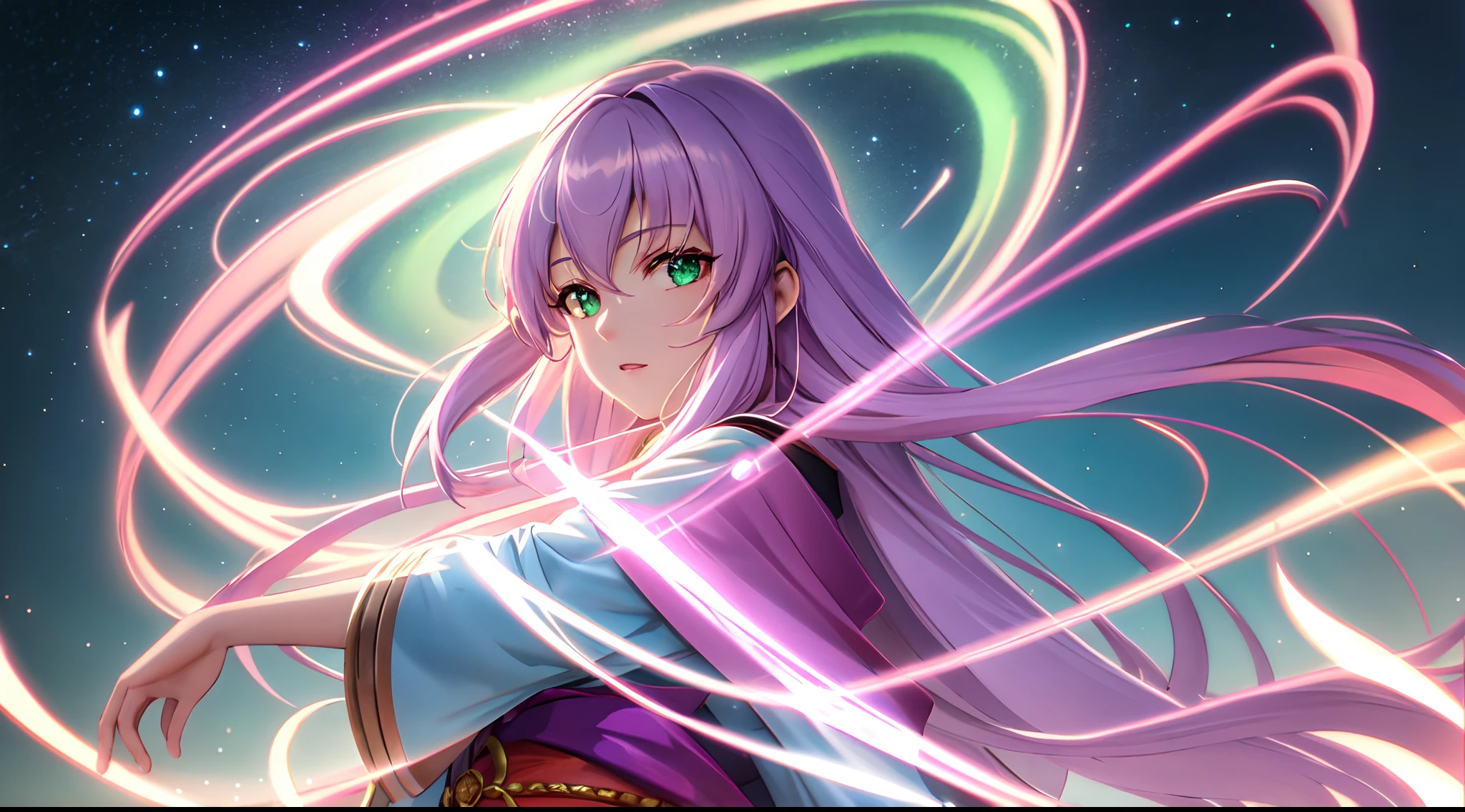 Kido_saori, Saint seiya athena with plain long light purple hair,hair between eyes,green eyes,rosy cheeks,full lips,thin eyebrows,slender body, kimono, cute anime girl,full body,night sky nebulae,anime style,Lumen Reflections,Screen Space Reflections,Diffraction Grading,Chromatic Aberration,GB Displacement,Scan Lines,Ray Traced,Anti-Aliasing,FXAA,TXAA,RTX,SSAO,Shaders,OpenGL-Shaders, GLSL-Shaders,Post Processing,Post-Production,cell Shading,Tone Mapping,CGI,VFX,SFX,insanely detailed and intricate, 4K,standing, solo, masterpiece, best quality, detailed face, detailed eyes, highres