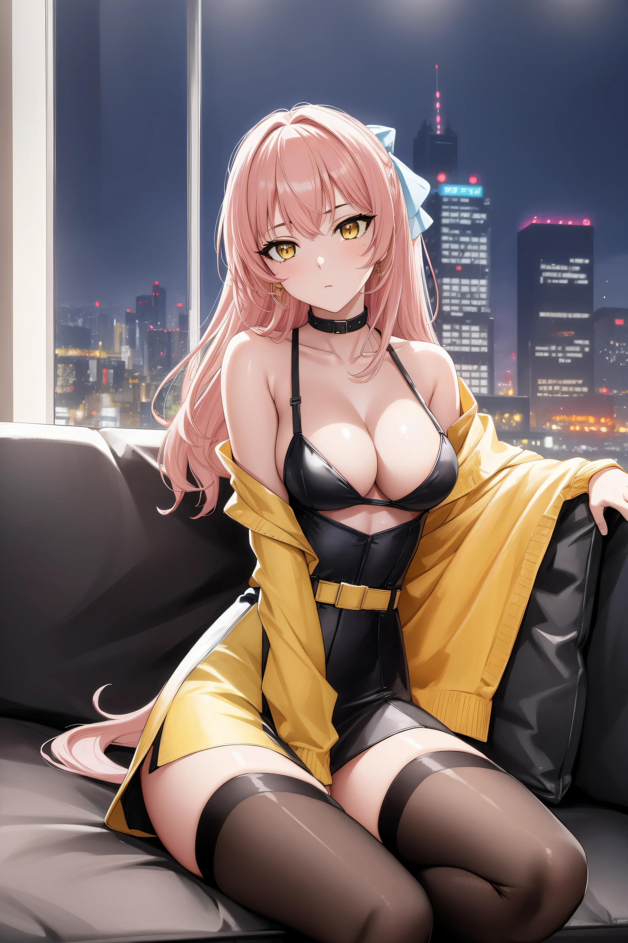 (Night:1.7), Cyberpunk_CityView, Before Window,in front of a wall with a clock,
sitting at attention,sitting on couch,
white shirt,yellow skirt,collarbone, cleavage, puffy_short_sleeves,thighhighs, White legwear, no_bra,
mika jougasaki, hair bow, long hair, pink hair, (yellow eyes:1.5),
1 girl, 20yo,young female,Beautiful Finger,Beautiful long legs,Beautiful body,Beautiful Nose,Beautiful character design, perfect eyes, perfect face,
looking at viewer, (innocent_big_eyes:1.0),(expressionless:1.3),
NSFW,official art,extremely detailed CG unity 8k wallpaper, perfect lighting,Colorful, Bright_Front_face_Lighting,
(masterpiece:1.0),(best_quality:1.0), ultra high res,4K,ultra-detailed,
photography, 8K, HDR, highres, absurdres:1.2, Kodak portra 400, film grain, blurry background, bokeh:1.2, lens flare, (vibrant_color:1.2)
(Beautiful,medium_Breasts:1.4), (beautiful_face:1.5),(narrow_waist),(perfect hands, perfect anatomy),