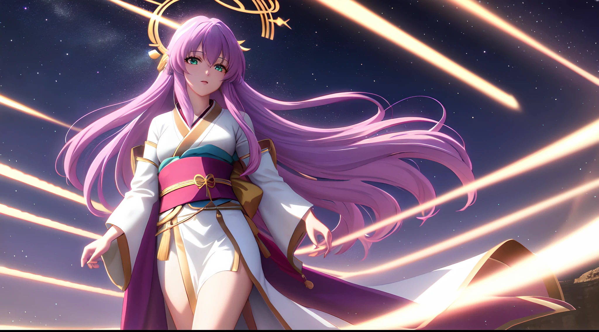 Kido_saori, Saint seiya athena with plain long light purple hair,hair between eyes,green eyes,rosy cheeks,full lips,thin eyebrows,slender body, kimono, cute anime girl,full body,night sky nebulae,anime style,Lumen Reflections,Screen Space Reflections,Diffraction Grading,Chromatic Aberration,GB Displacement,Scan Lines,Ray Traced,Anti-Aliasing,FXAA,TXAA,RTX,SSAO,Shaders,OpenGL-Shaders, GLSL-Shaders,Post Processing,Post-Production,cell Shading,Tone Mapping,CGI,VFX,SFX,insanely detailed and intricate, 4K,standing, solo, masterpiece, best quality, detailed face, detailed eyes, highres