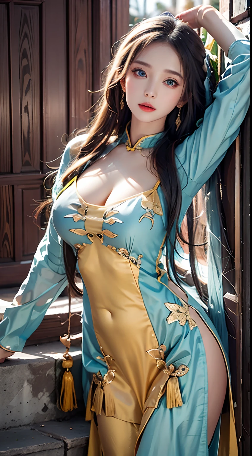 photorealistic, high resolution, soft lights, 1women, solo, hips up, (blue eyes, long hair), vietnamese traditional, yellow aodai, big breasts