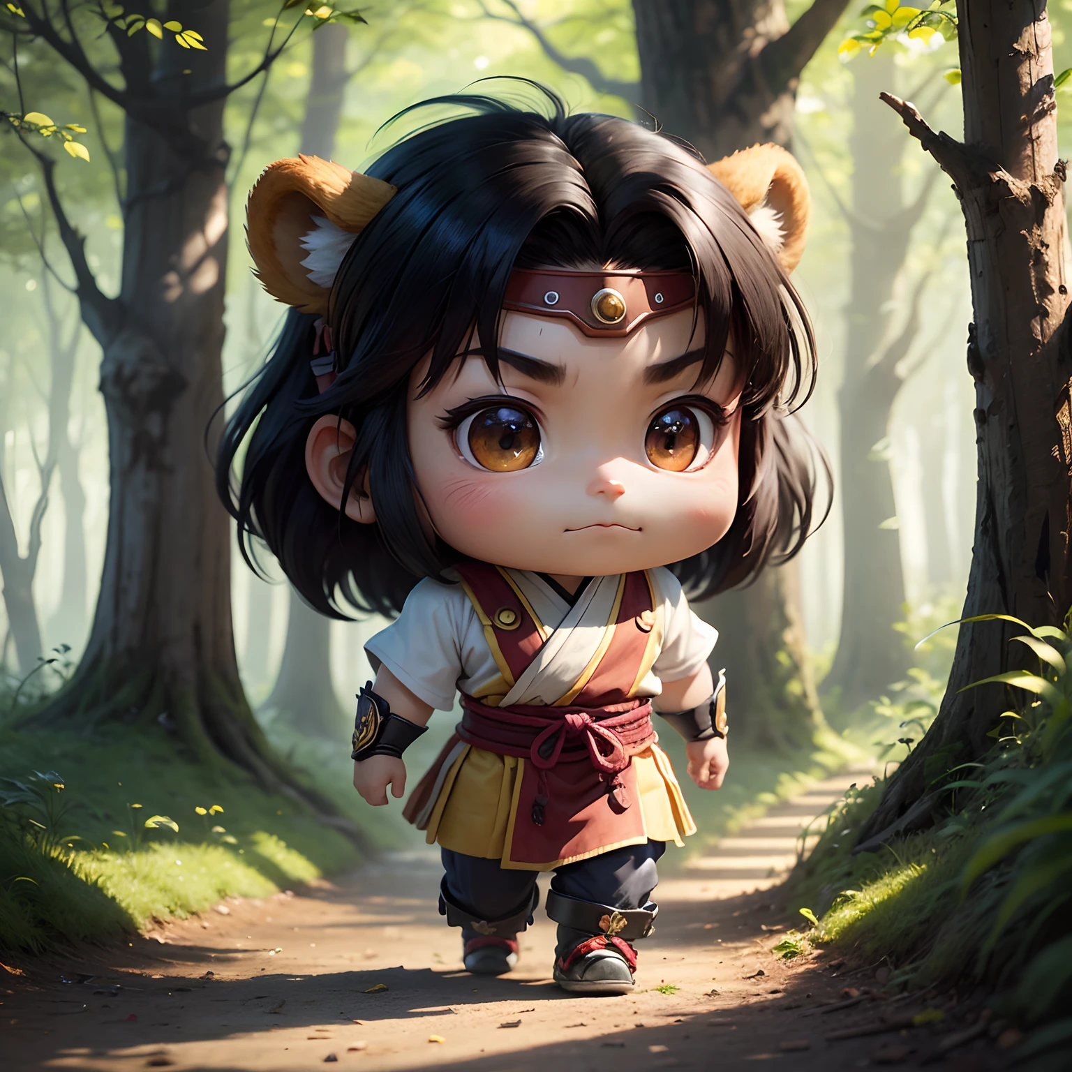 masterpiece、top-quality、ultra-detailliert、(Chibi Chara Kintaro:1.2)、Solo Boy、Black Hair Bob、Red and gold stye、Walking、Black bear、fairy tale forest