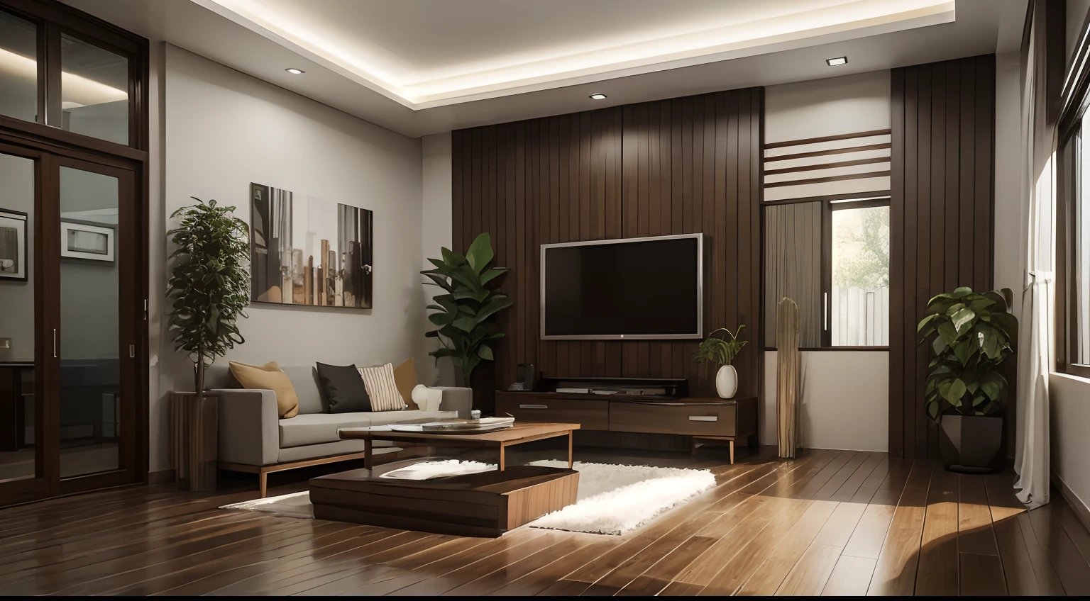 A cozy year 2003 bungalow small living room design, with minimalistic designing, with plants, brown floor, modern house, Modern architecture, or modernist architecture, was an architectural movement or architectural style based upon new and innovative technologies of construction, particularly the use, ultra realistic, Ramon Antonio architecture style