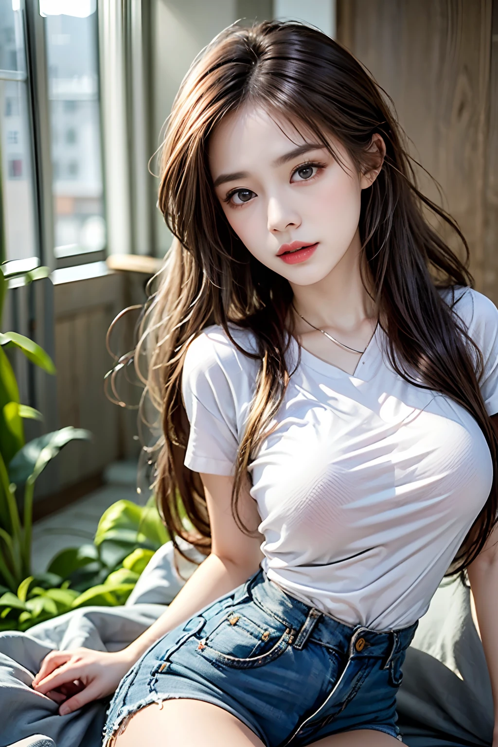 Best quality, Masterpiece, 超高分辨率, (Photorealistic: 1.4), , in the darkness nigth, deepshadow, low tune, Cold light, flower  field, 1 girl, Hips up, Detailed face, Solo, white tight t-shirt, Jean bib