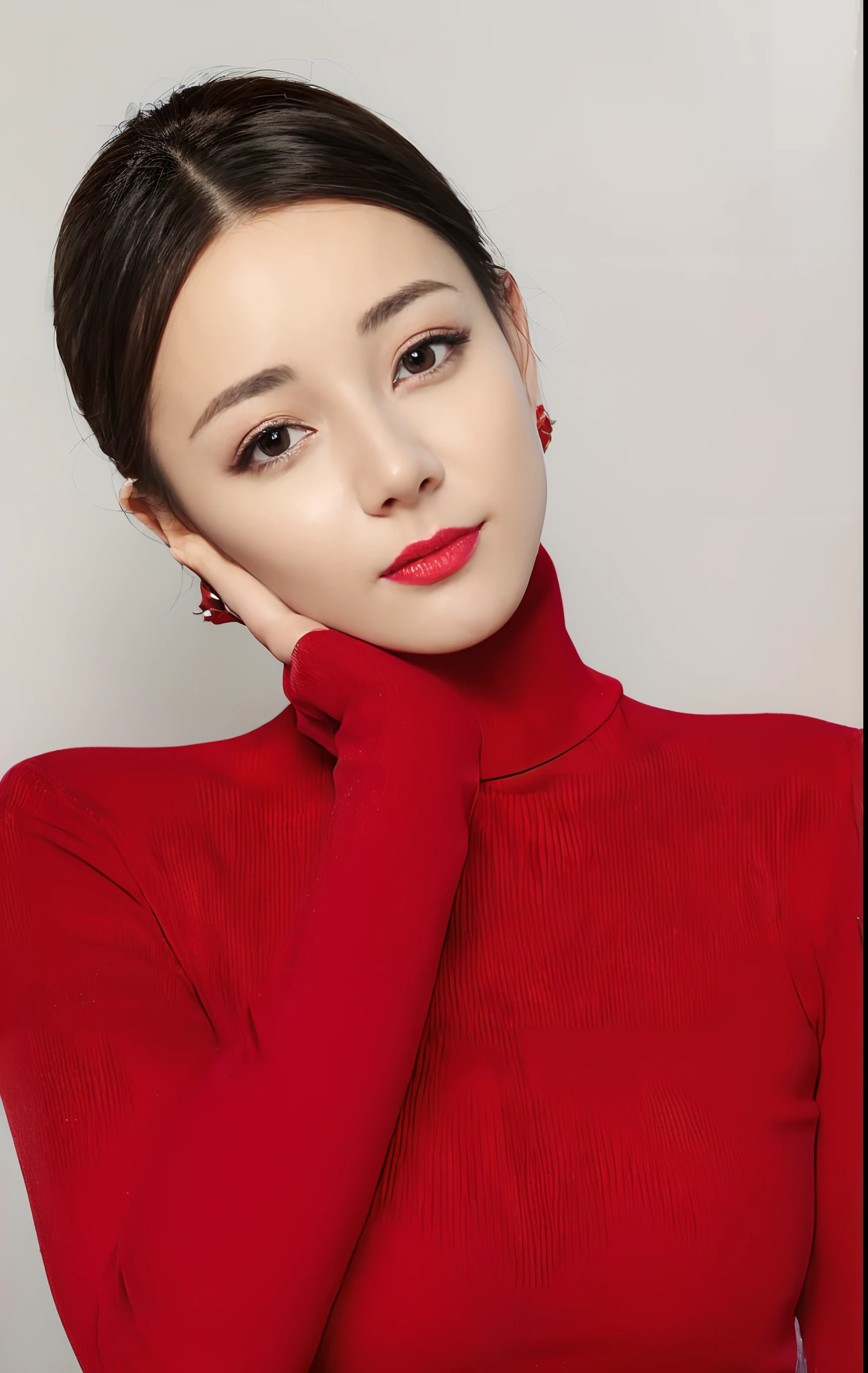 (a woman from Arad posing for a photo, wearing a red turtleneck sweater, shaxi, intelligent and beautiful, Lee Ji-eun, Li Zhien, Zheng Shenmin, wearing a turtleneck sweater, dominant red, intense red, Piao Zhimin, flushed, Taoist, high-quality portrait, wearing red clothes)