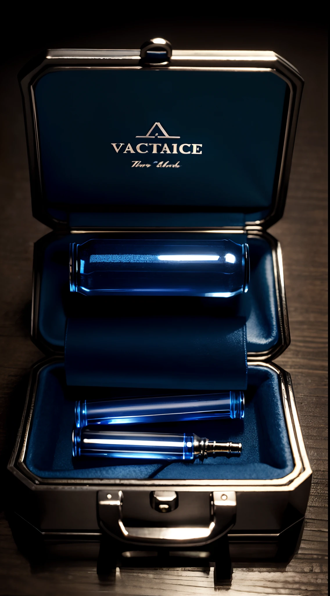 A photograph photorealistic realism, a small metal case of blue vaccines in dark mansion