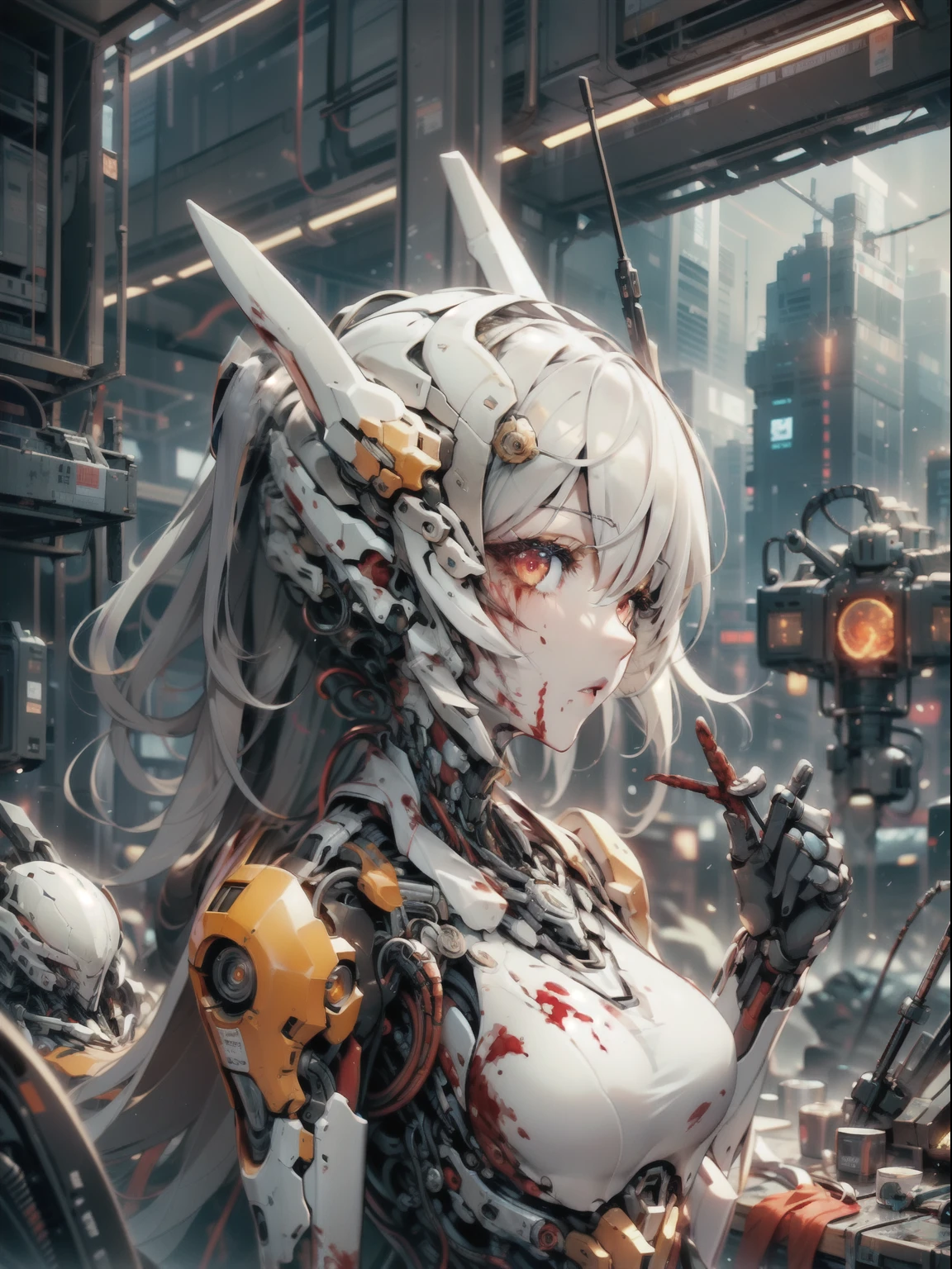 tmasterpiece，top Quority，best qualtiy，offcial art，Beauty and aesthetics：1.2），（1girll：1.3），Extremely detailed，plethora of colors，Most detailed（（ultra - detailed）），（highly detailed CGillustration），（（Very fine and beautiful）），cinematric light，（（（（1 mechanical girl in a container）））），whaite hair，Red eyes，ayanami rei，Solo，full bodyesbian，（Mechanical joints： 1.2），（（Mechanical limb）），（Blood vessel attached to tube），（The mechanical spine is attached to the back），（（The mechanical cervical vertebrae are attached to the neck）），face expressionless，looking at viewert，From the tap，（Wires and cables are attached to the neck：1.2），（wires and cables on head：1.2）（character focus），scientific fiction，（Blood：1.5），（Stagnant cabin：1.5），（container：0.6），