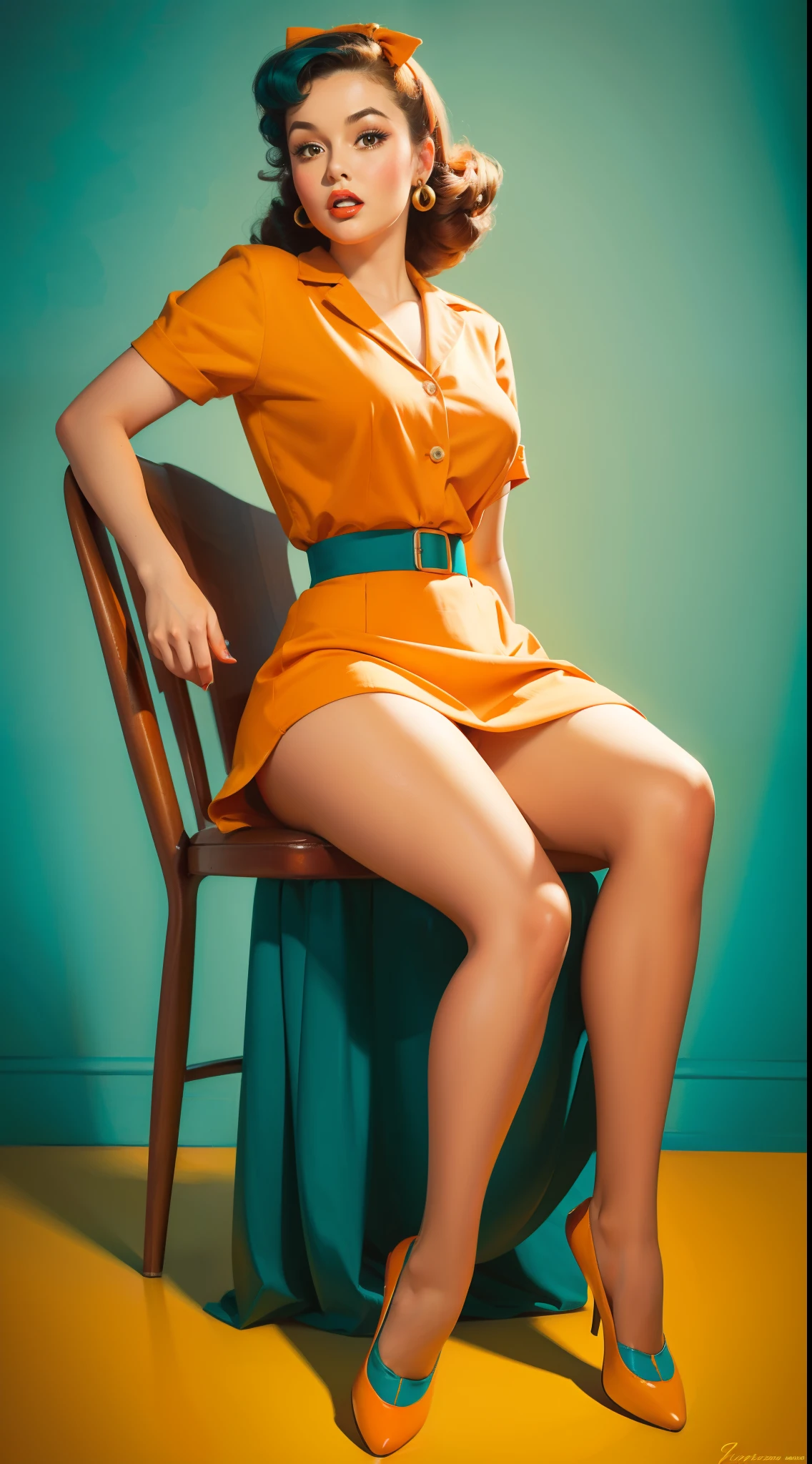 20 years old girl sitting on the chair, vintage, retro pin up style,sexy, , surprised, mini tight skirt, flowing skirt, colorful , orange and teal color scheme, masterpieces art work, illustrated,