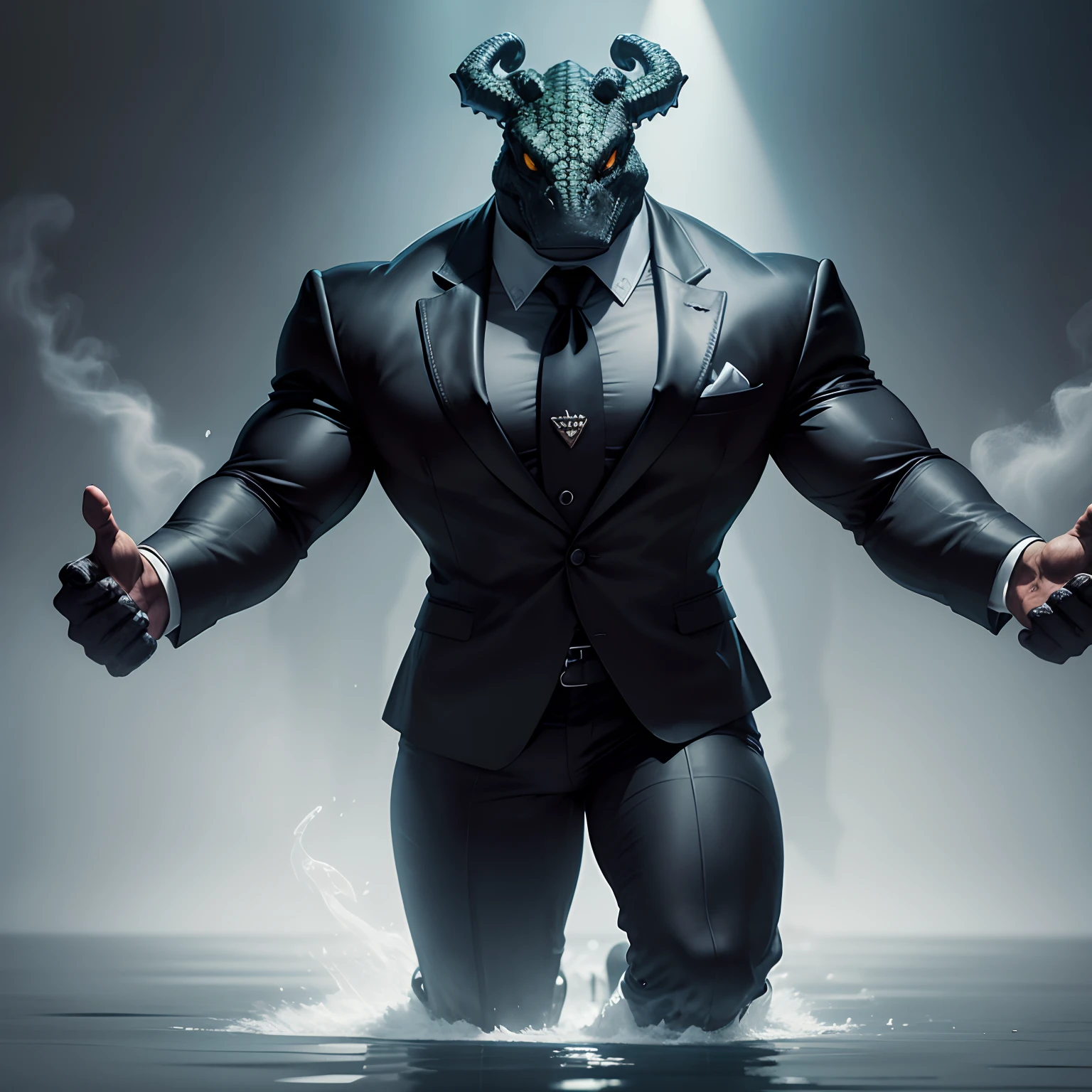Humanoid crocodile muscled , with a crocodile's head black with a tail with 2 huge arms , in suit with a tie , full body