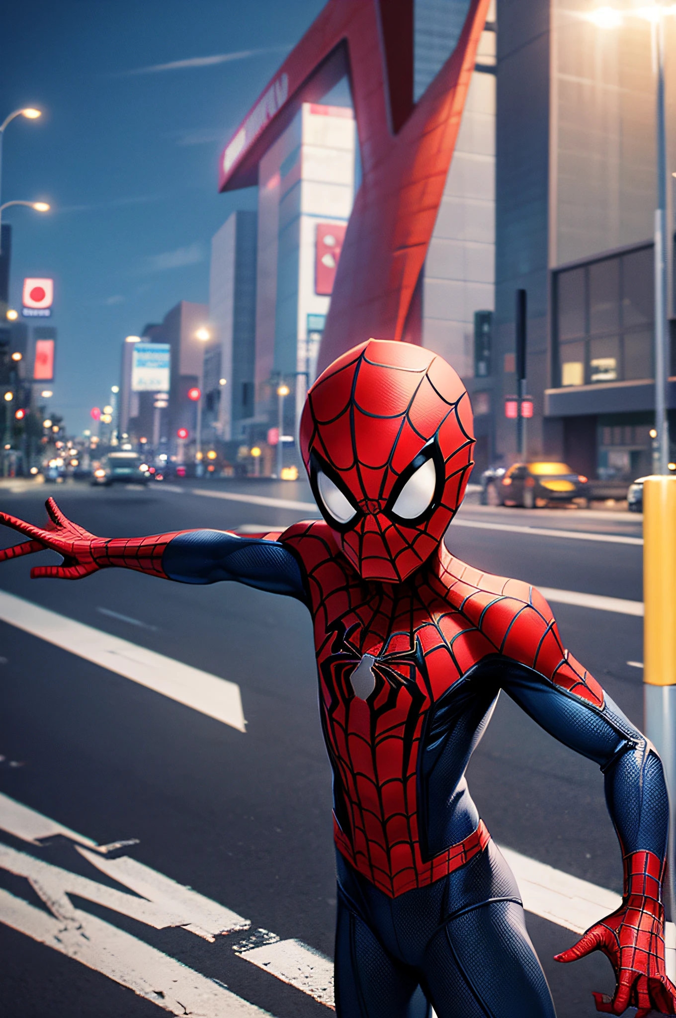 Spider-Man, 8 version with classic armor, in a busy big city style highway scene