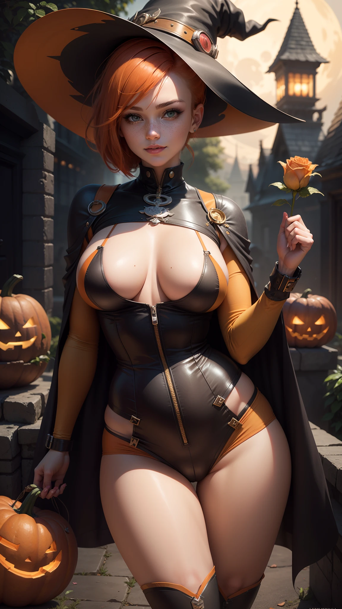 gwen tennyson,tracer,bulma,rebecca chambers,tomb raider,overwatch,1girl, close up,mecha pilot,halloween village, rose and white plugsuit,hair pin,pirate corset,steel long sleeve lycra top,orange leggings,short hair,cute makeup, green eyes,orange and golden hair,shy smile,freckles,redhead,beautiful girl,large breasts,ultra detailed,realistic,fantasy art,witch dress,witch hat,witch cloak, halloween pumpkin,moonlight,