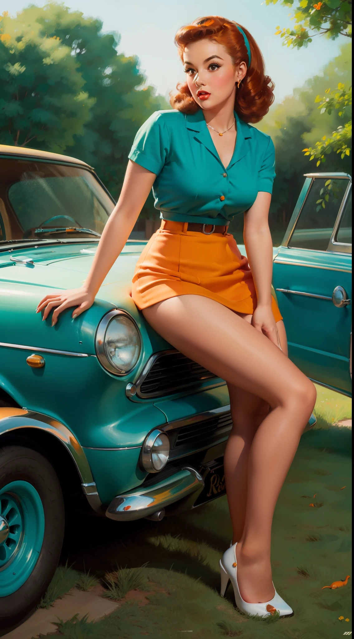 20 years old girl sitting on the ground, infrount of a retro car, vintage, retro pin up style, sexy, , surprised, mini tight skirt, flowing skirt, colorful , orange and teal color scheme, masterpieces art work, illustrated,