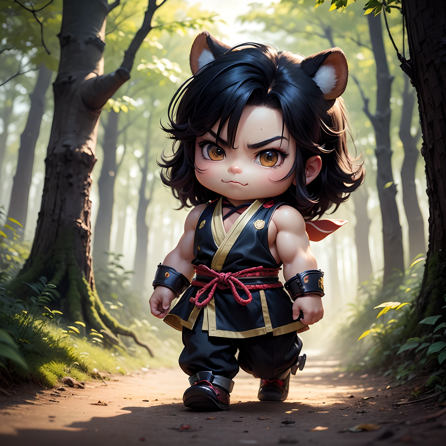 masterpiece、top-quality、ultra-detailliert、(Chibi Chara Kintaro:1.2)、Solo Boy、Black Hair Bob、Red and gold bib、Walking//Black bear、fairy tale forest