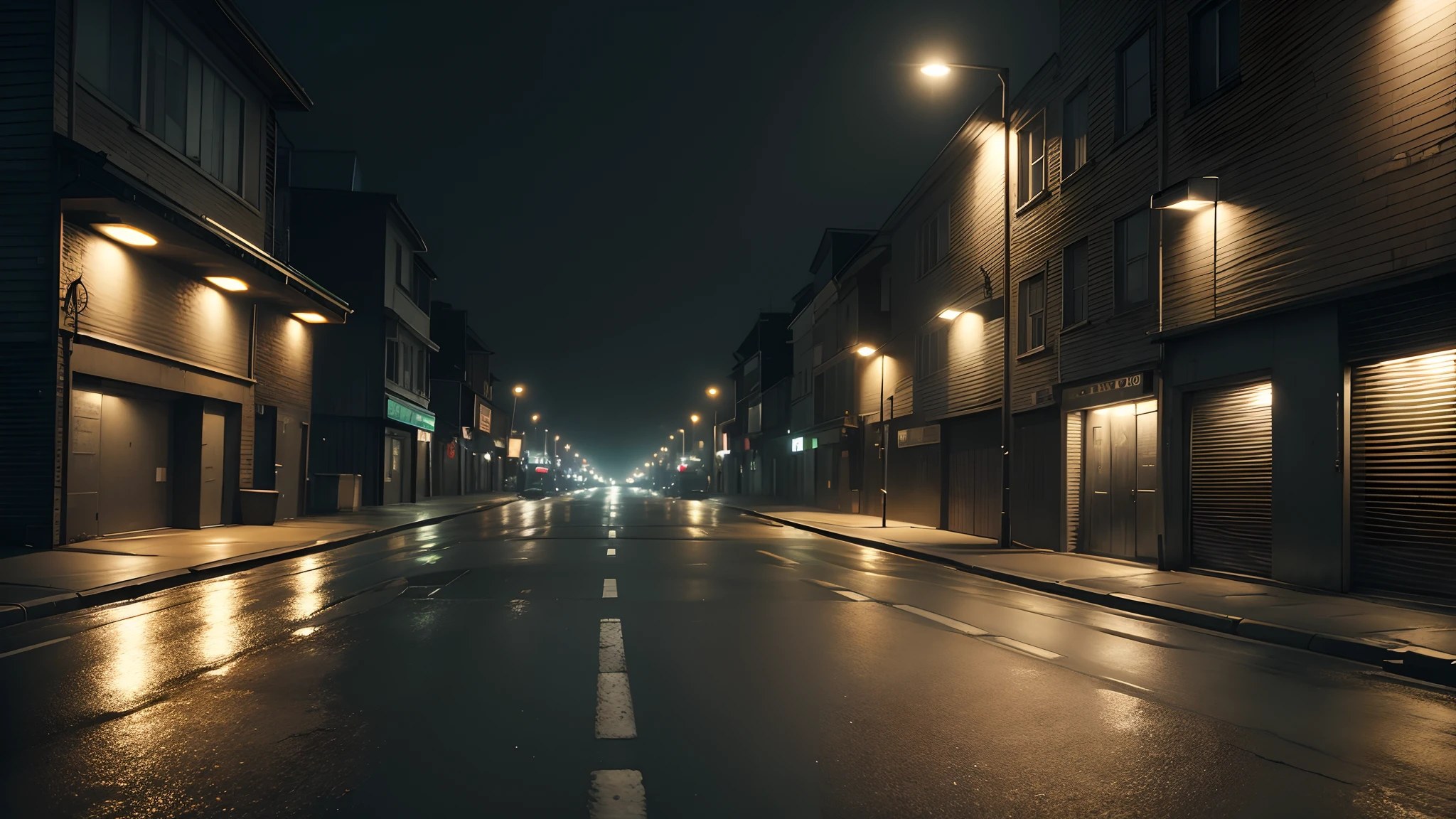 Best quality, very realistic, lots of details, empty street at night, dark and gloomy atmosphere. Little light.