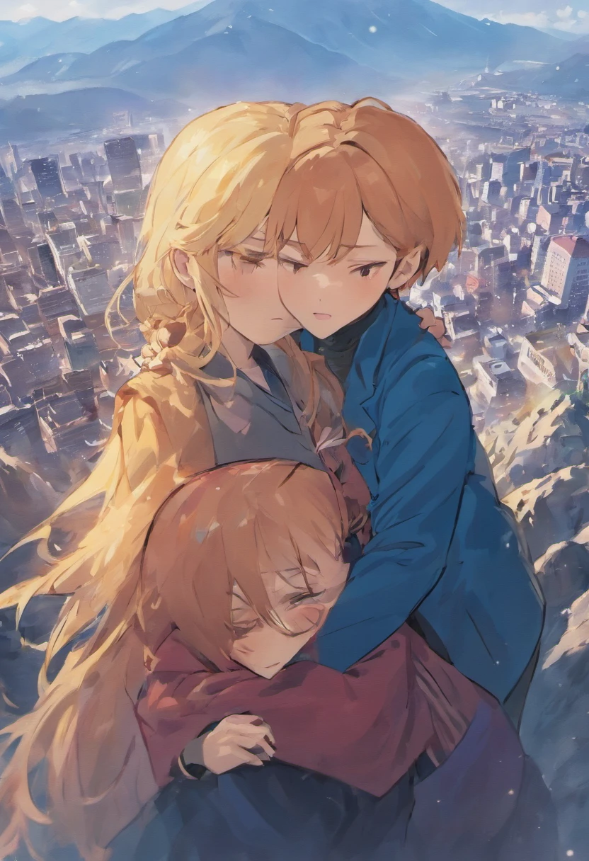European female pharmacist obsessed with cute love hugging kissing asian businesswoman on top of a mountain lesbian woman loving woman tender