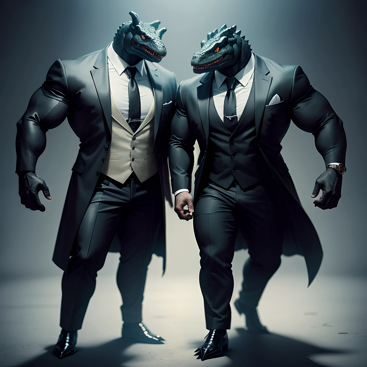 Humanoid crocodile muscled , with a crocodile's head black with a tail with 2 huge arms , in suit with a tie , full body