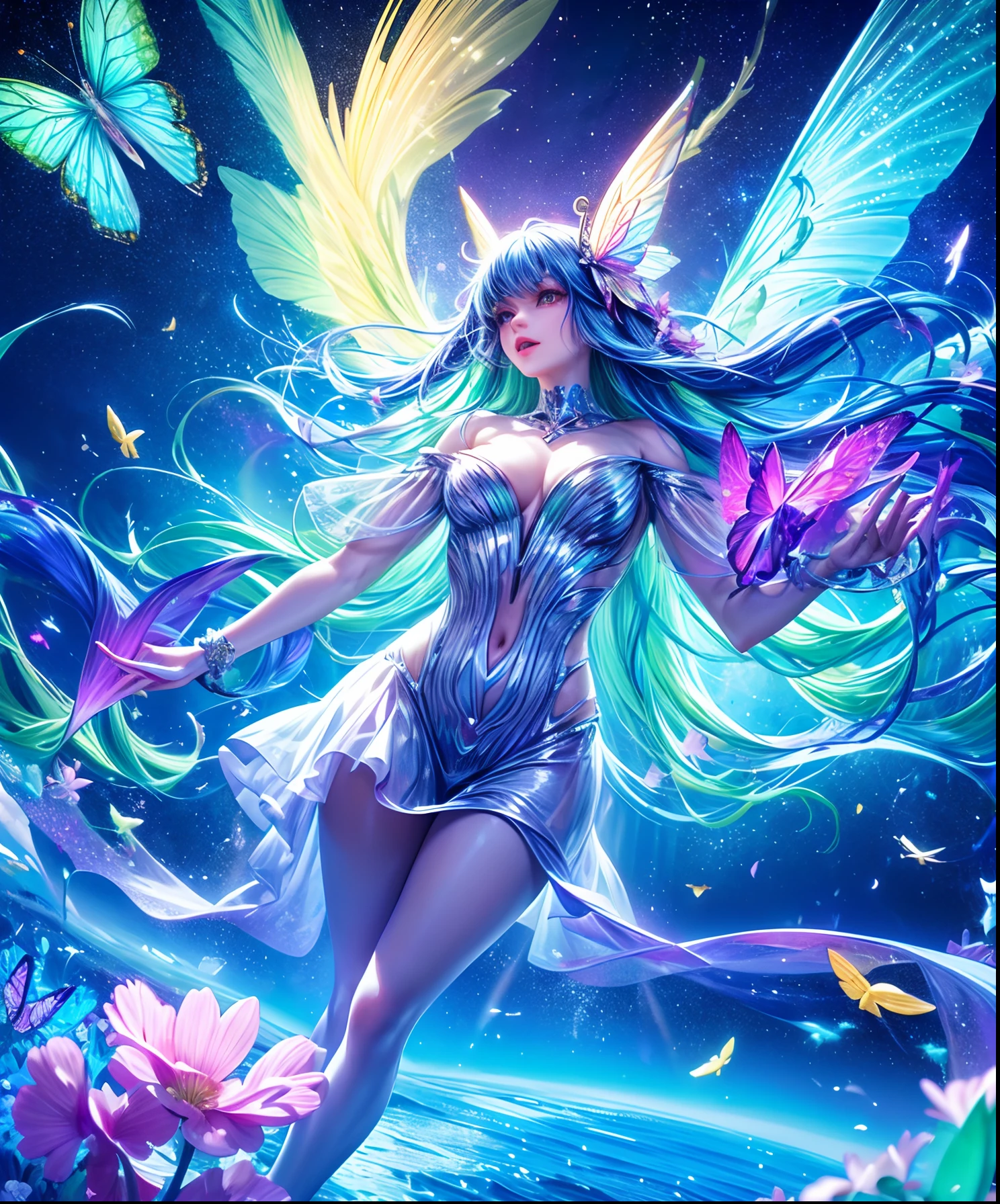 Cute iridescent round monster in space、Iridescent grass々Drawing a butterfly flying over the water, Looking up at the starry sky. Surround her with colorful nebulae and colorful forests.