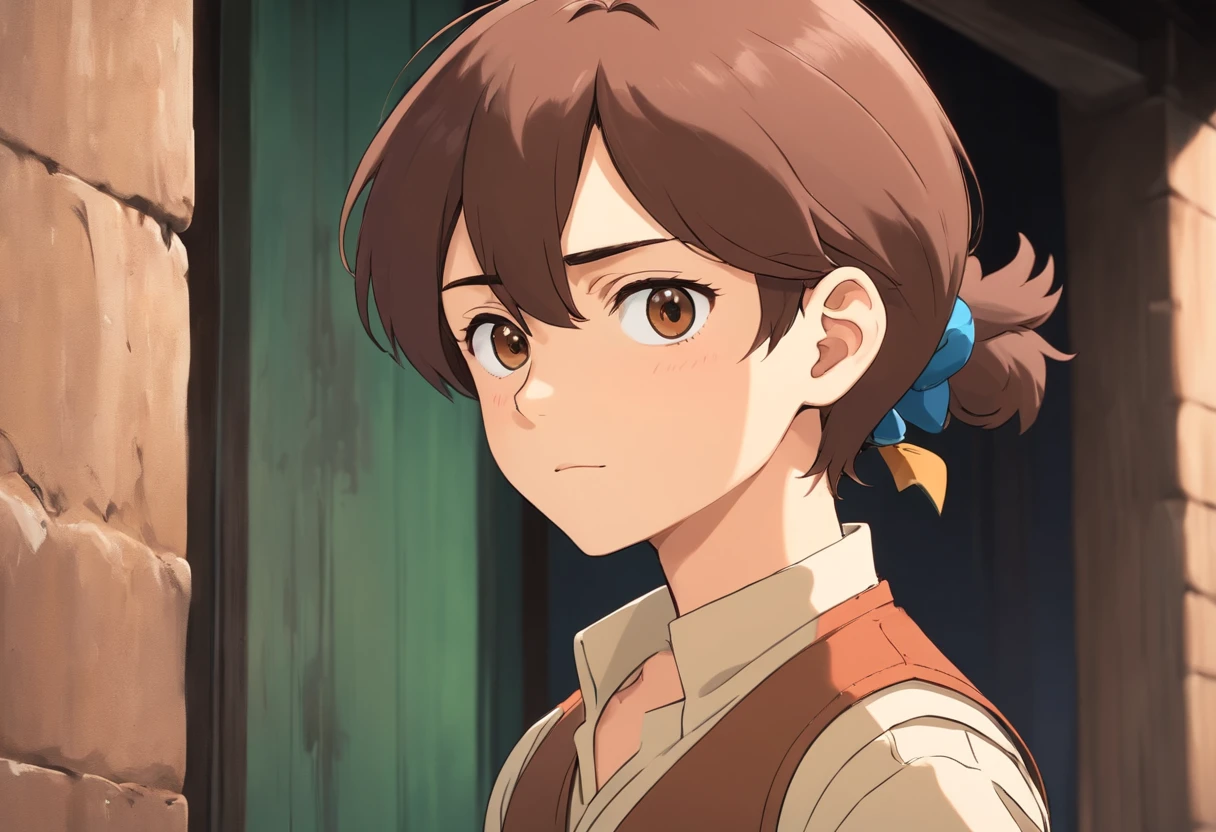 anime boy, short ponytail, black eyes, wearing sleevesless brown vest, smale mole under one eye, thick lips, sharp visuals