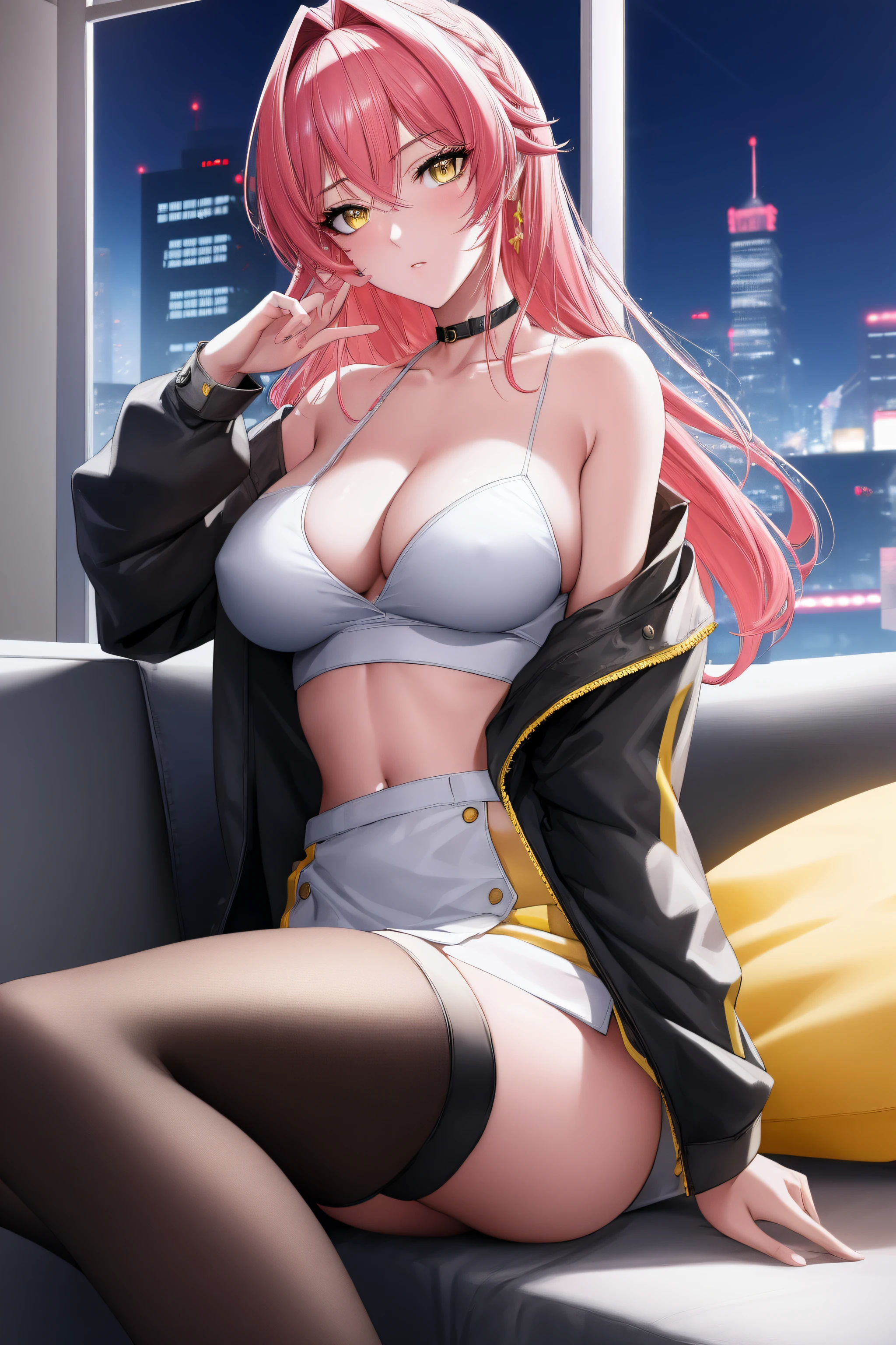(Night:1.7), Cyberpunk_CityView, Before Window,in front of a wall with a clock,
sitting at attention,sitting on couch,
white shirt,yellow skirt,collarbone, cleavage, puffy_short_sleeves,thighhighs, White legwear, no_bra,
mika jougasaki, hair bow, long hair, pink hair, (yellow eyes:1.5),
1 girl, 20yo,young female,Beautiful Finger,Beautiful long legs,Beautiful body,Beautiful Nose,Beautiful character design, perfect eyes, perfect face,
looking at viewer, (innocent_big_eyes:1.0),(expressionless:1.3),
NSFW,official art,extremely detailed CG unity 8k wallpaper, perfect lighting,Colorful, Bright_Front_face_Lighting,
(masterpiece:1.0),(best_quality:1.0), ultra high res,4K,ultra-detailed,
photography, 8K, HDR, highres, absurdres:1.2, Kodak portra 400, film grain, blurry background, bokeh:1.2, lens flare, (vibrant_color:1.2)
(Beautiful,medium_Breasts:1.4), (beautiful_face:1.5),(narrow_waist),(perfect hands, perfect anatomy),