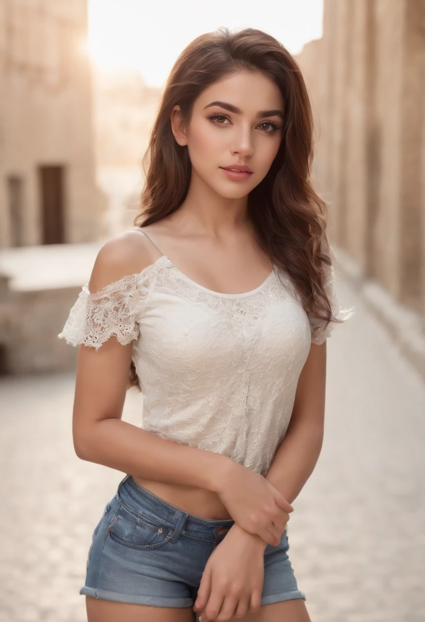 ((iraqi dark skin, iraqi attractive 18 year old )), ((her beauty is undeniable)), ((excited cute face)), ((hyper detailed perfect eyes,)), ((cute pose)), ((tongue out)), ((seductive )), sexy, (( tight mesh shirt, sexy short shorts)), (( ponytail hair,)), (( skin)), ((standing, front view)), ((touching her own legs in a sexy pose)), ((outdoors, public city)), sharp focus cgi, photorealistic, high detail, realistic, masterpiece, absurdres, best quality, HDR, high quality, high-definition, extremely detailed, 8k wallpaper, intricate details, 8K uhd, Full-HD, (realistic photo:1.2), contrast, harsh lighting, cinematic lighting, natural lighting, hard light, backlighting, global illumination, ambient occlusion