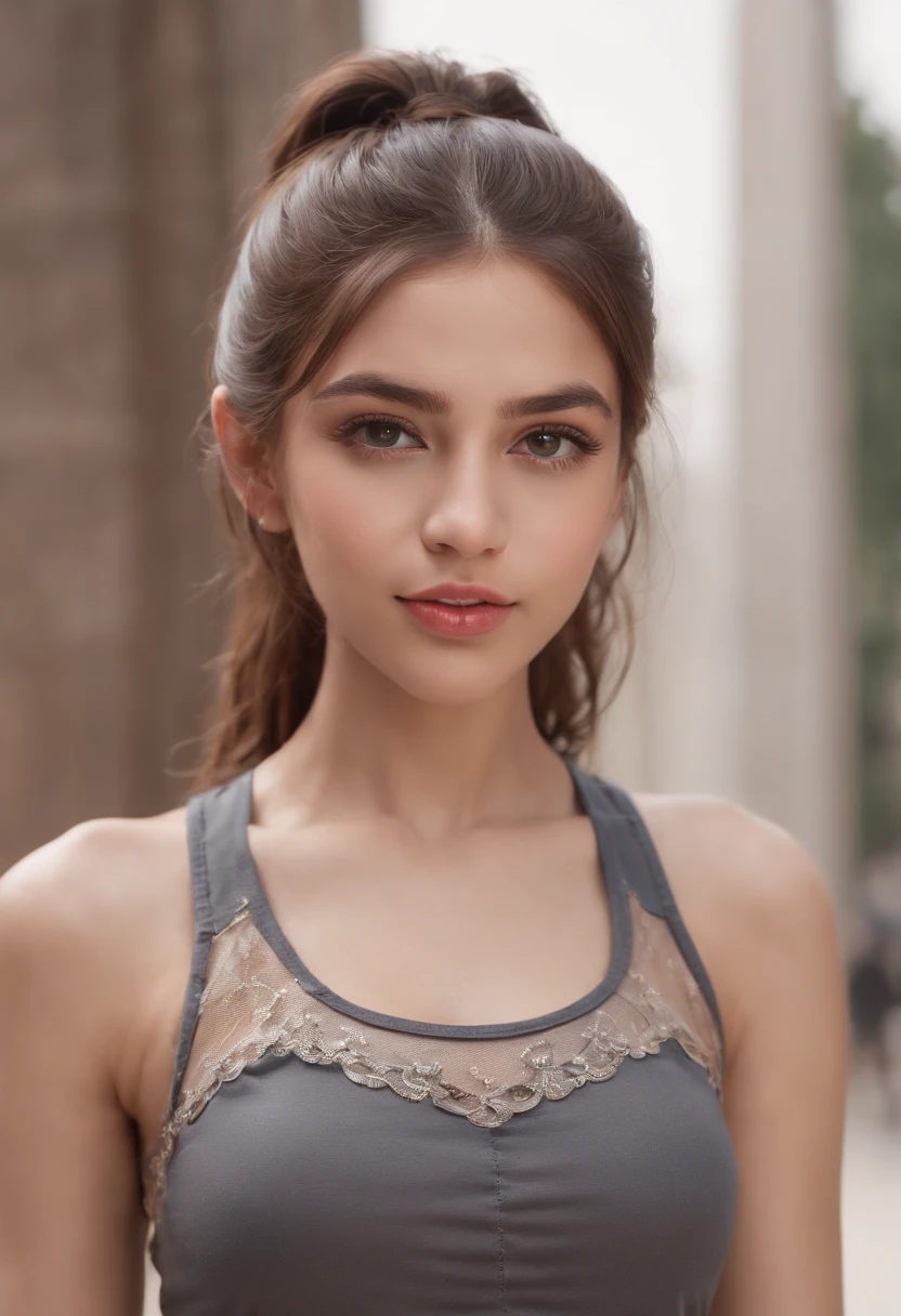 ((iraqi dark skin, iraqi attractive 18 year old teen)), ((her beauty is undeniable)), ((excited cute face)), ((hyper detailed perfect eyes,)), ((cute pose)), ((tongue out)), ((seductive )), sexy, (( tight mesh shirt, sexy short shorts)), (( ponytail hair,)), (( skin)), ((standing, front view)), ((touching her own legs in a sexy pose)), ((outdoors, public city)), sharp focus cgi, photorealistic, high detail, realistic, masterpiece, absurdres, best quality, HDR, high quality, high-definition, extremely detailed, 8k wallpaper, intricate details, 8K uhd, Full-HD, (realistic photo:1.2), contrast, harsh lighting, cinematic lighting, natural lighting, hard light, backlighting, global illumination, ambient occlusion