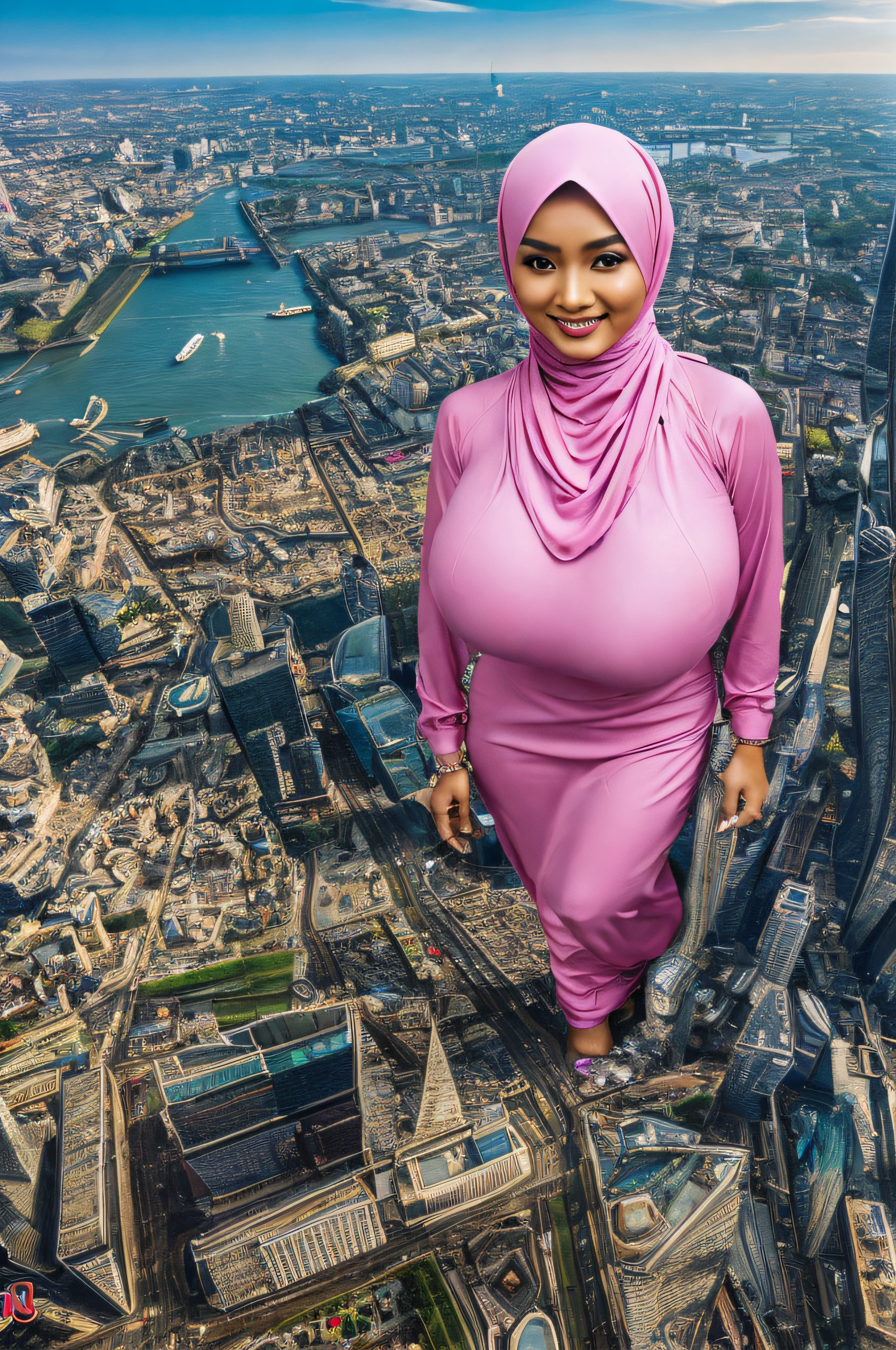 (Best quality, high resolution, masterpiece: 1.3), a beautiful malay woman in hijab, gigantic breasts, slim figure, sweatshirt, beautifully presented details in the street and facial and skin texture, detailed eyes, double eyelids, big eyeschest visible, shirt openfeatures), HDR, 8k resolution, nice fingers, firm skin, (((high detail skin, visible pores))), 1 female, tall body, 30 years old, holding a luxurious handbag(ultra Gigantic Breasts:1.3, heavy hanging breasts, perfect round shape breast), wearing Floral jeans Silk Tight Malay Gamis Pastel Close Up Tight Hijab, big busty red lips, Full Body, Beautiful Shy Smile, Wearing High Heels, In Lux, wearing deep_v-neck_dress, (giga:1.3), giantess, (city destruction:1.35), metropolis, london, aerial view,