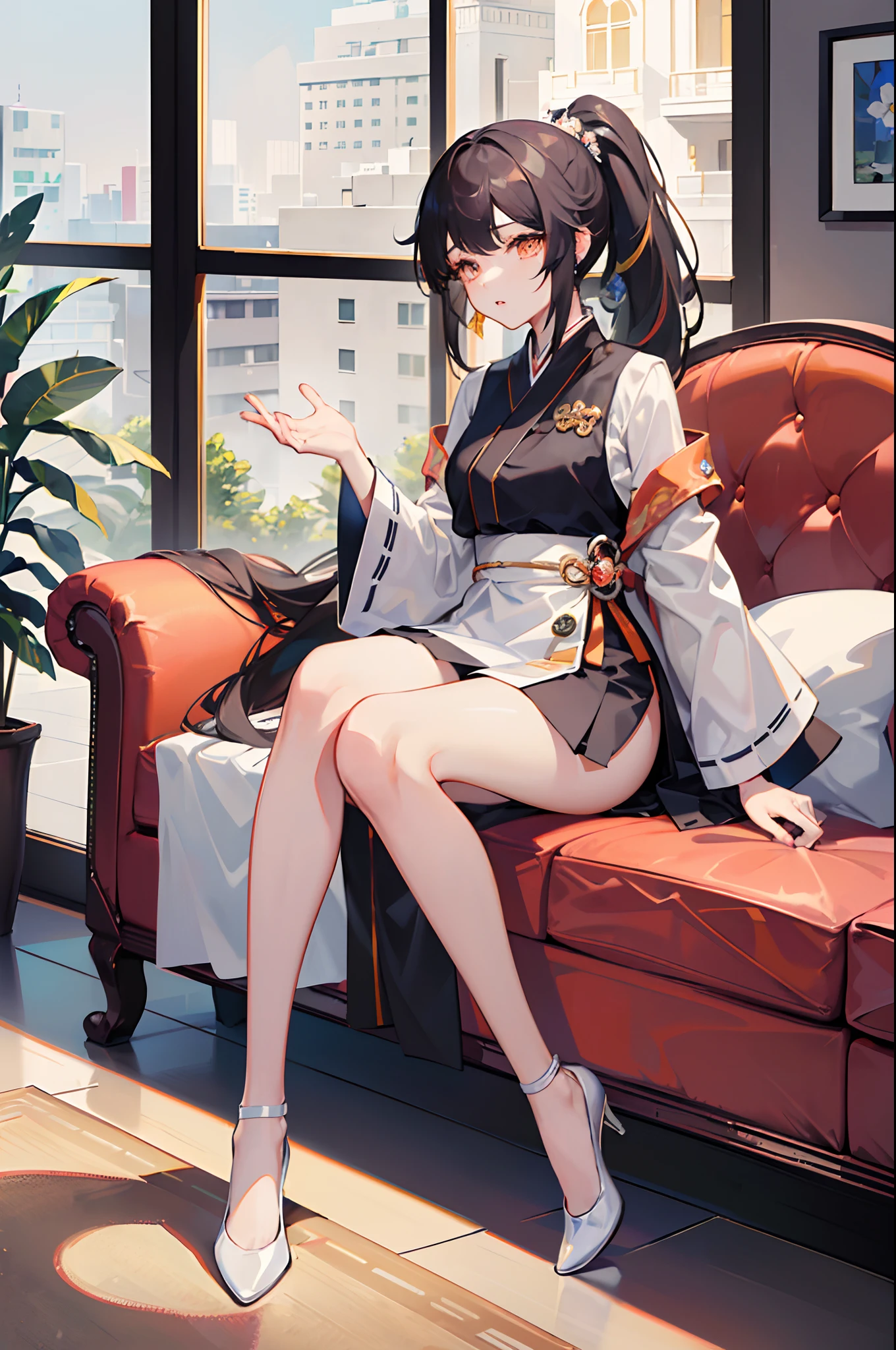 (masterpiece:1.5) (bestquality) highlydetailed ultra-detailed cute (1girl) (princess hair:1.2) (bangs) (black long hair:0.8) (high ponytail) (long ponytail braid:0.8) (long straight hair:0.8) (orange eyes) (amber eyes) (blue highlights) (Long hair)(Single horsetail)araffe sitting on a couch in a living room with a window, gorgeous young korean woman, beautiful south korean woman, korean women's fashion model, beautiful young korean woman, korean woman, elegant legs, korean girl, smooth white tight clothes suit, sakimichan, handsome girl, elegant seducing pose, heonhwa choe, gorgeous lady