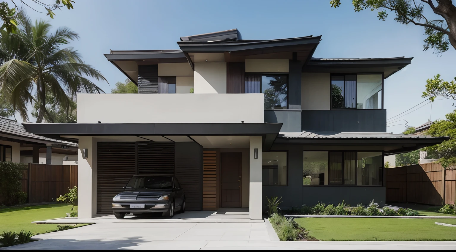 A cozy year 2003 bungalow house design, with minimalistic designing, with plants, brown roof, black gate, modern house, Modern architecture, or modernist architecture, was an architectural movement or architectural style based upon new and innovative technologies of construction, particularly the use, ultra realistic, Ramon Antonio architecture style