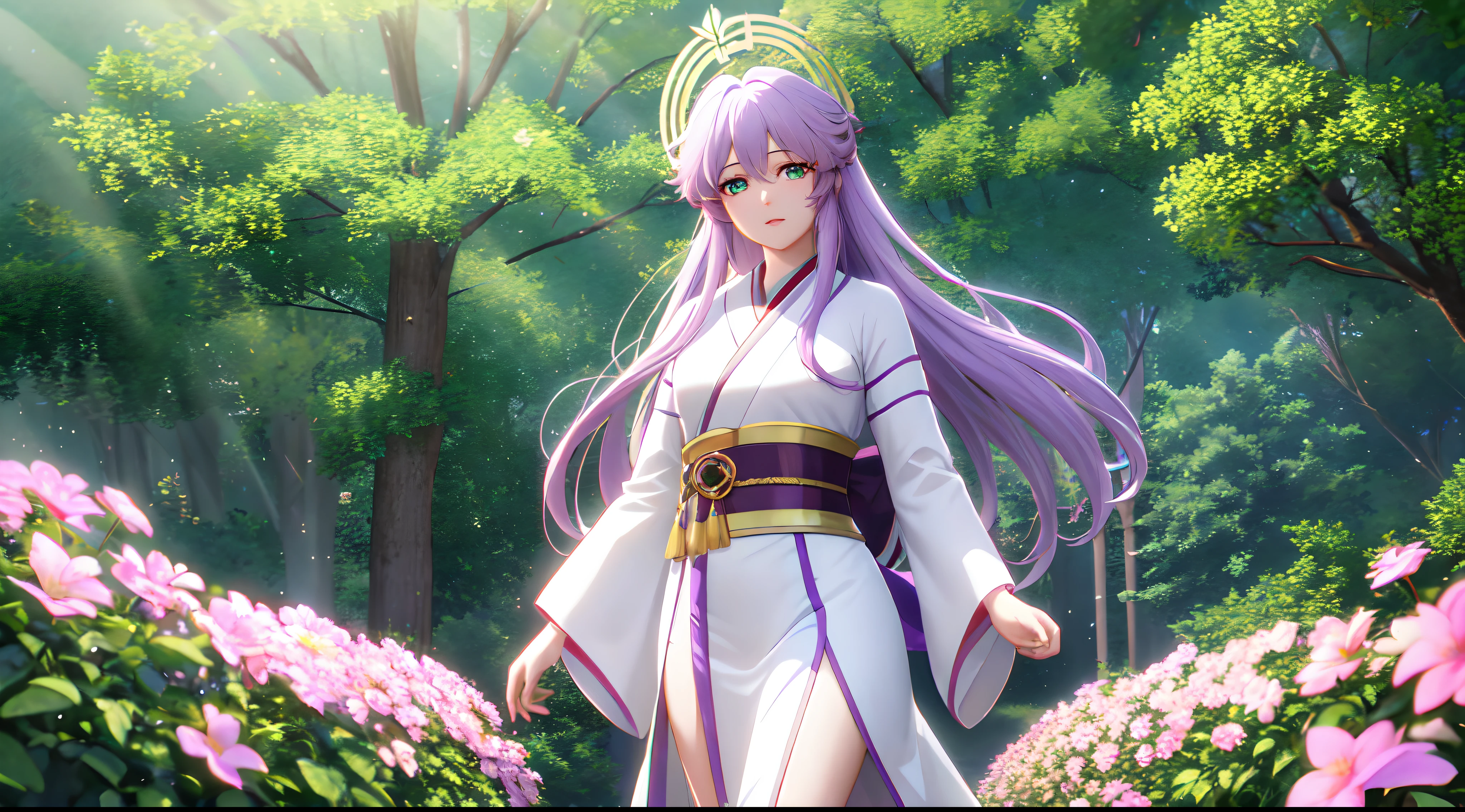 Kido_saori, Saint seiya athena with plain long light purple hair,hair between eyes,green eyes,rosy cheeks,full lips,thin eyebrows,slender body,flowers kimono,cute anime girl,full body,flowers field,anime style,Lumen Reflections,Screen Space Reflections,Diffraction Grading,Chromatic Aberration,GB Displacement,Scan Lines,Ray Traced,Anti-Aliasing,FXAA,TXAA,RTX,SSAO,Shaders,OpenGL-Shaders, GLSL-Shaders,Post Processing,Post-Production,cell Shading,Tone Mapping,CGI,VFX,SFX,insanely detailed and intricate, 4K,standing, solo, masterpiece, best quality, detailed face, detailed eyes, highres