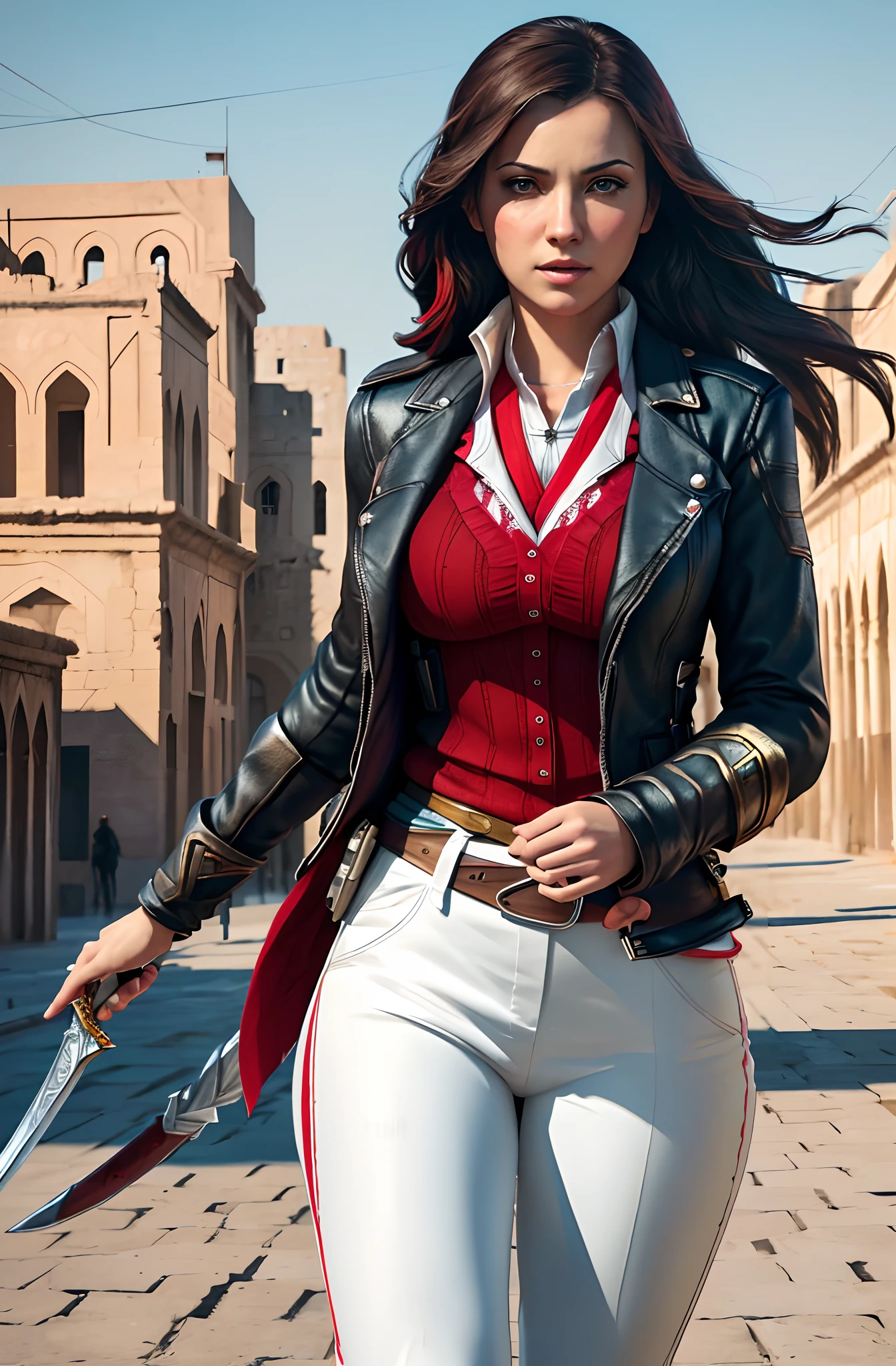 (best quality,4k,8k,highres,masterpiece:1.2),ultra-detailed,(realistic,photorealistic,photo-realistic:1.37),vivid colors,HDR,colorful, 1 woman, beautiful face, big breasts, black hair, sexy look, wearing assassin creed uniform from assassin creed game, white and black color of assassin creed uniform, white trousers , carrying sword in hand, look gentle, photo art, masterpiece, old Baghdad in the background