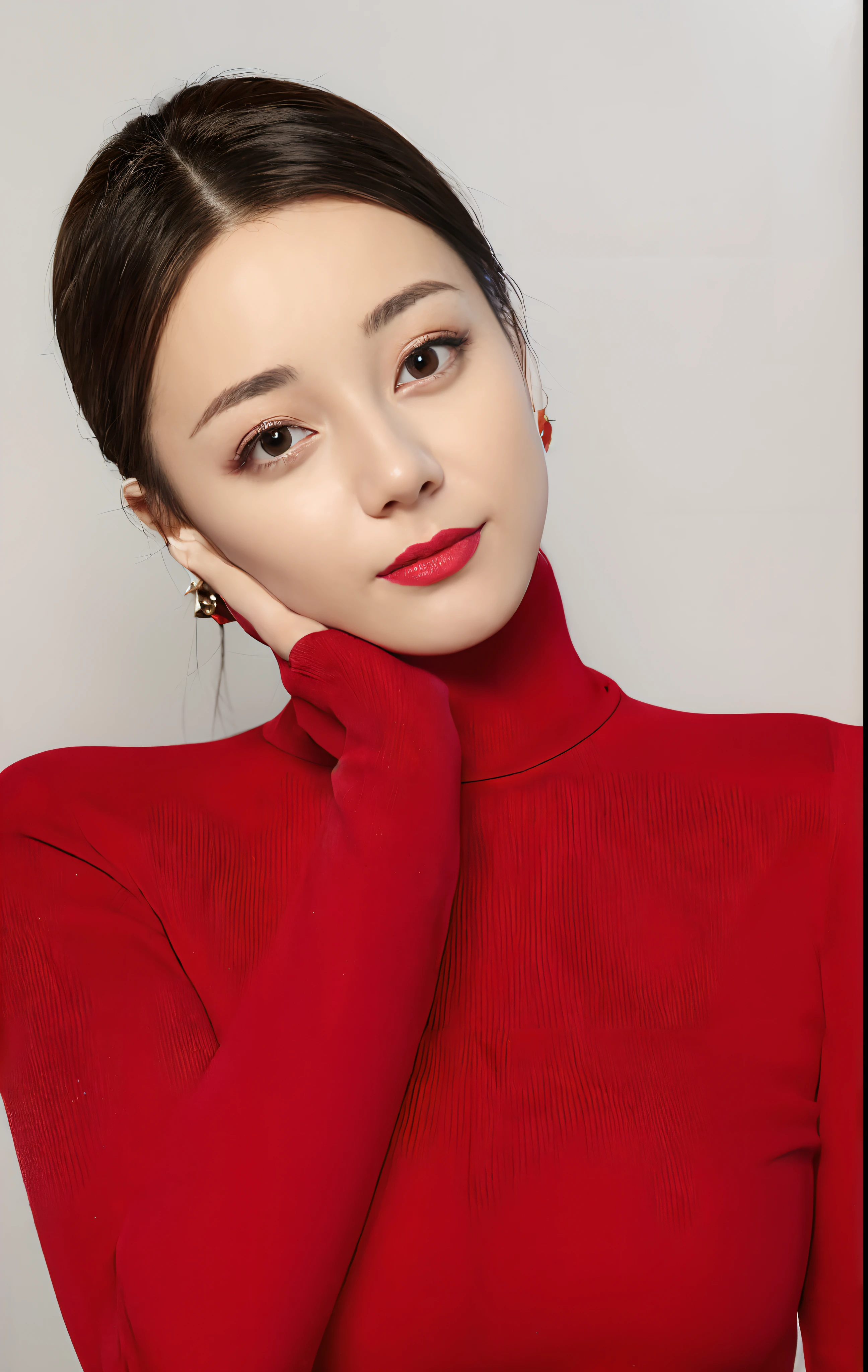 (a woman from Arad posing for a photo, wearing a red turtleneck sweater, shaxi, intelligent and beautiful, Lee Ji-eun, Li Zhien, Zheng Shenmin, wearing a turtleneck sweater, dominant red, intense red, Piao Zhimin, flushed, Taoist, high-quality portrait, wearing red clothes)