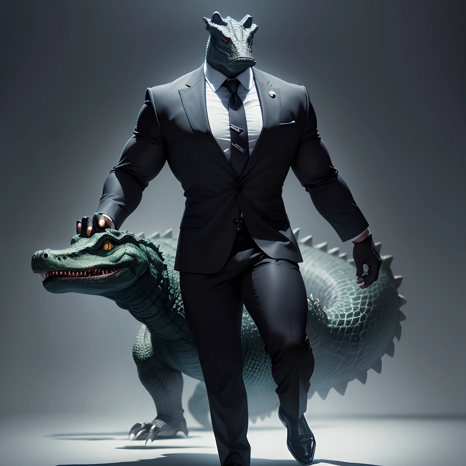 Humanoid  crocodile muscled ,  with a crocodile's head black with  a tail with 2 huge arms ,  in suit with a tie , full body