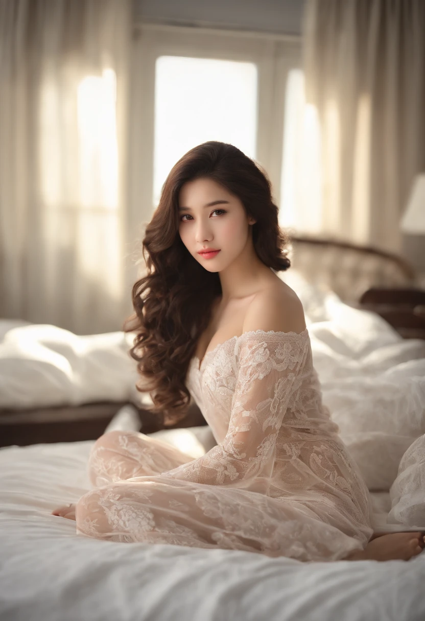 (Top Quality, Masterpiece: 1.2), a 18 year old girl, Wearing lace pajamas, laying in bed, morning light, realistic face, Perfect Body, good anatomy, perfect faces, Curly long hair, Black hair, photorealism, A highly detailed, High Quality, Photo Pose, Sexy, bangss, Big breasts, korean